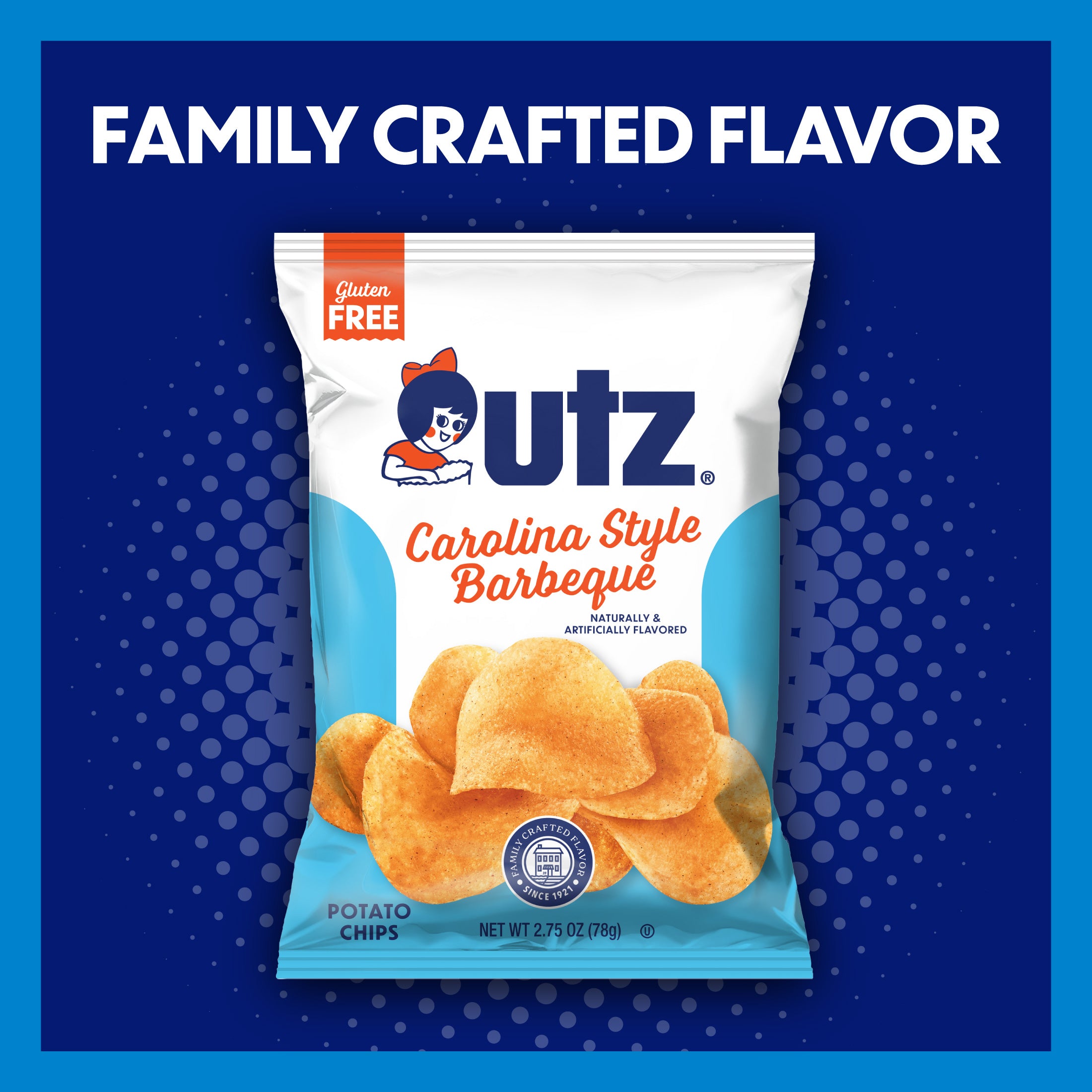 UTZ Carolina Style Barbecue potato chips packaging on a blue background with text 'Family Crafted Flavor'.