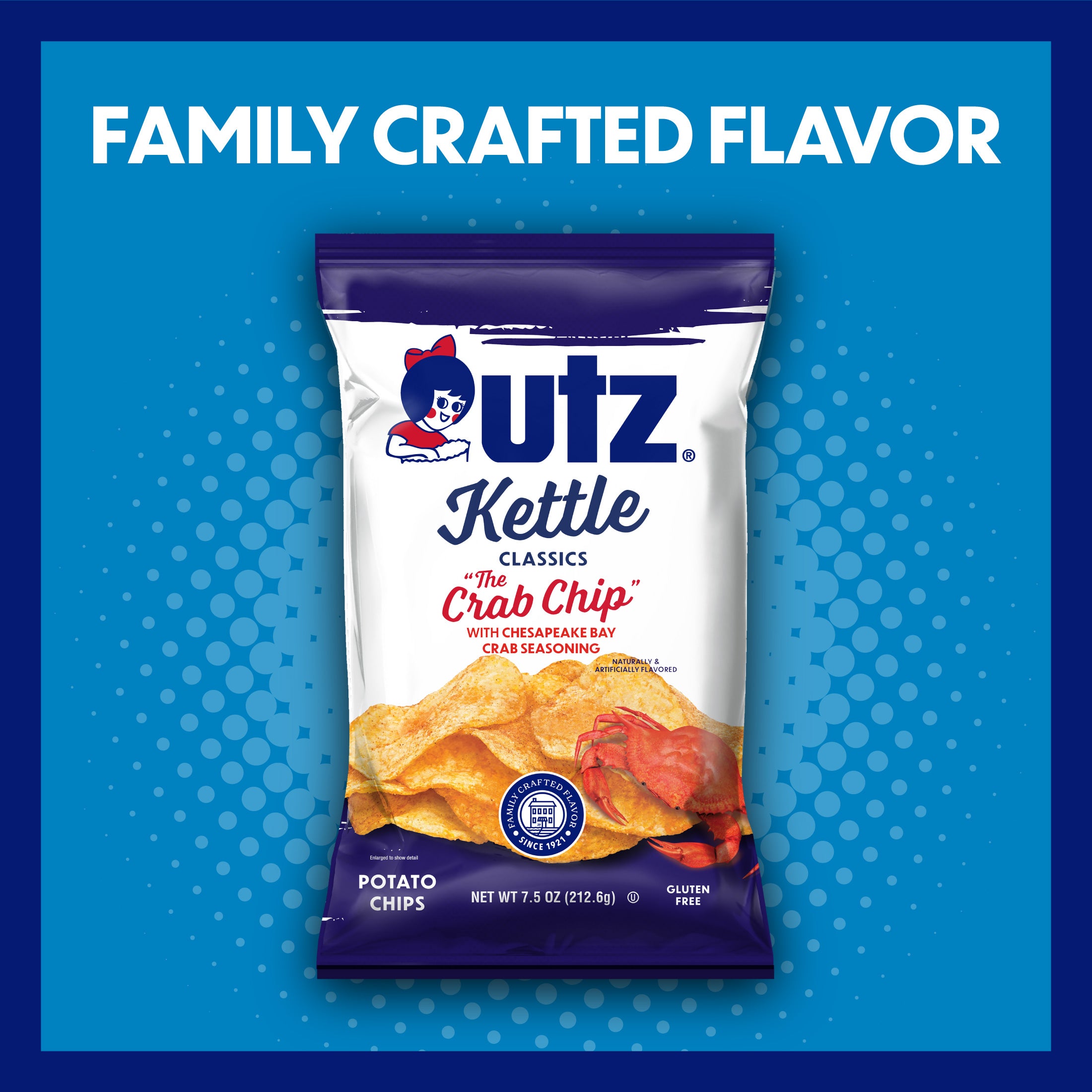 UTZ Kettle Classics Crab Chip potato chip package on a blue background with text 'Family Crafted Flavor'.
