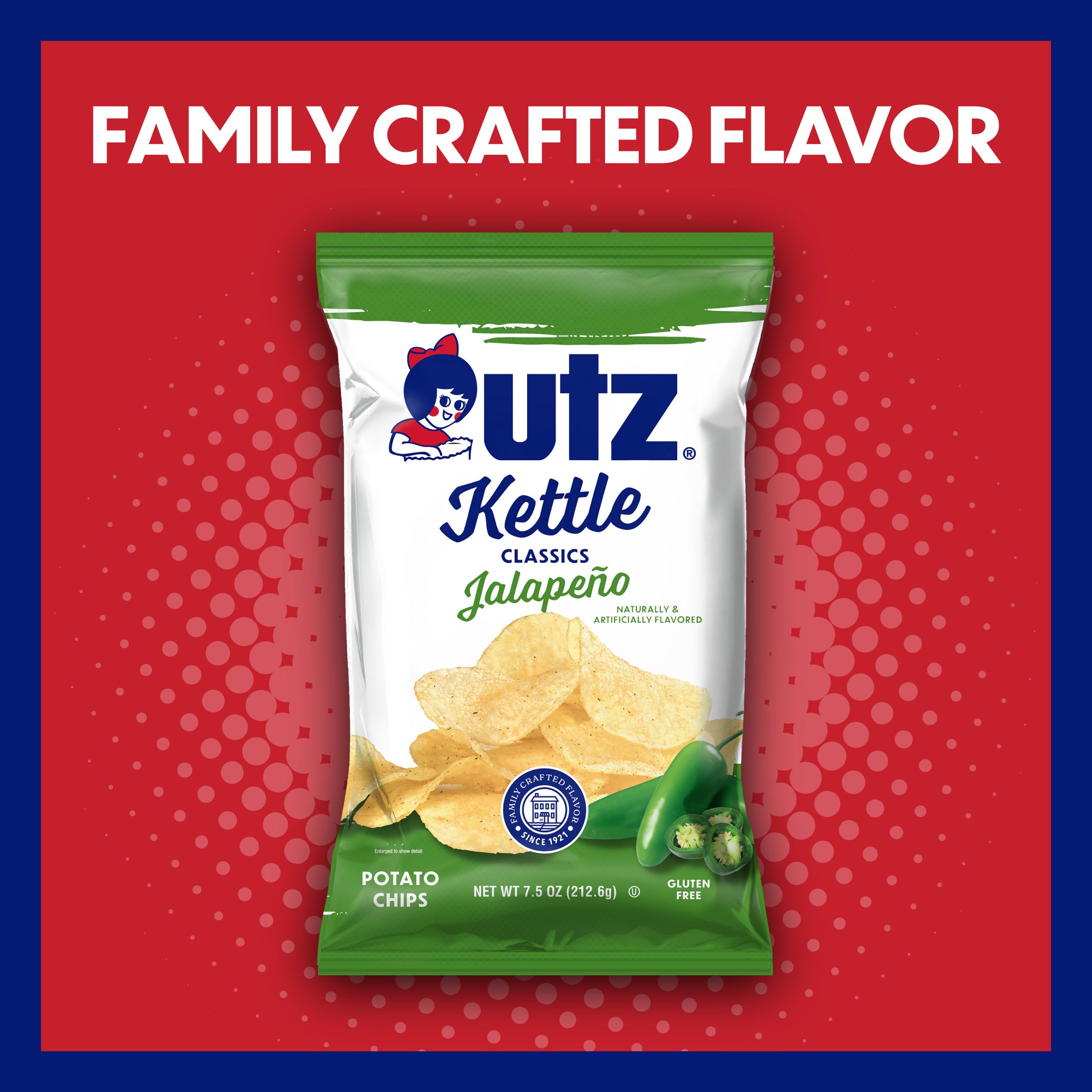UTZ Kettle Classics Jalapeno potato chips packaging on a red background with text 'Family Crafted Flavor'.