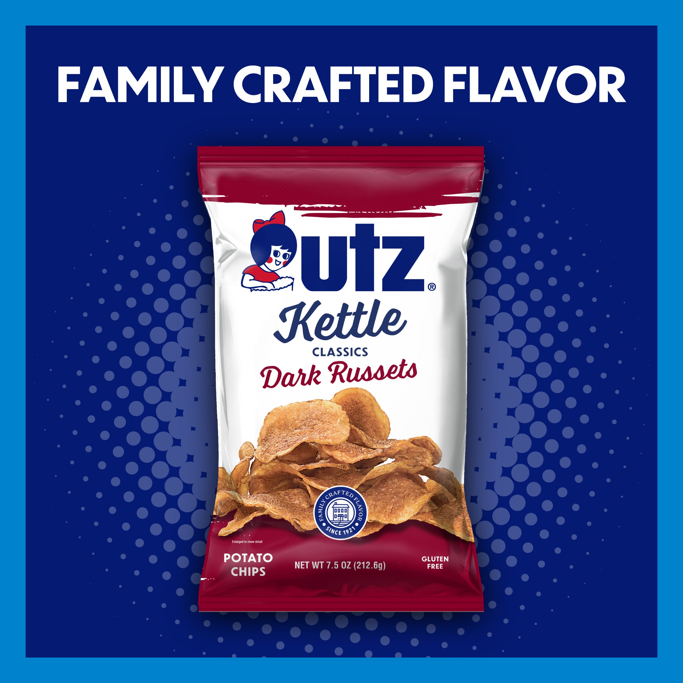 Utz Kettle Classics Dark Russets potato chips packaging on a blue background with text 'Family Crafted Flavor'.