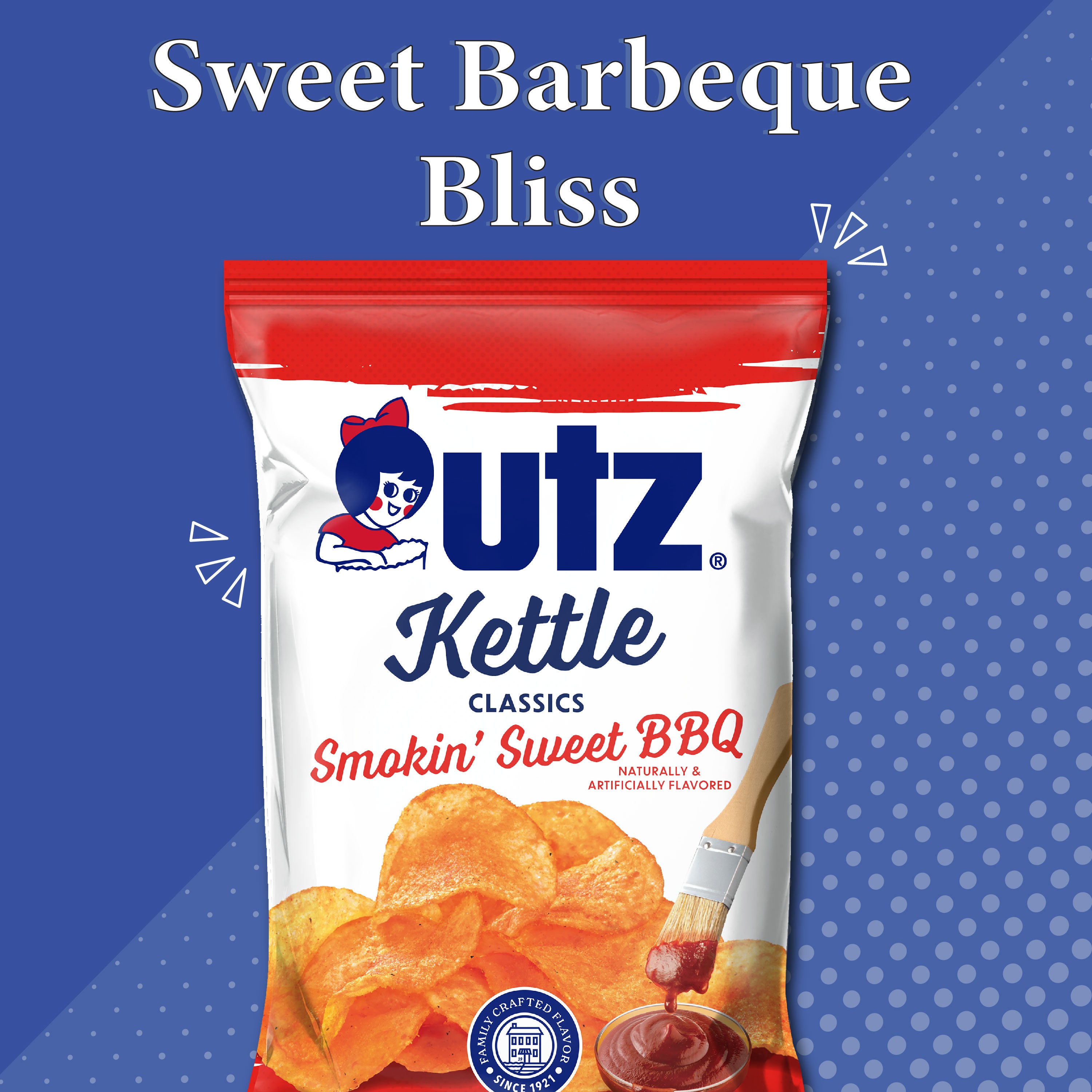 UTZ Kettle Classics Smokin' Sweet BBQ potato chip bag on a blue background