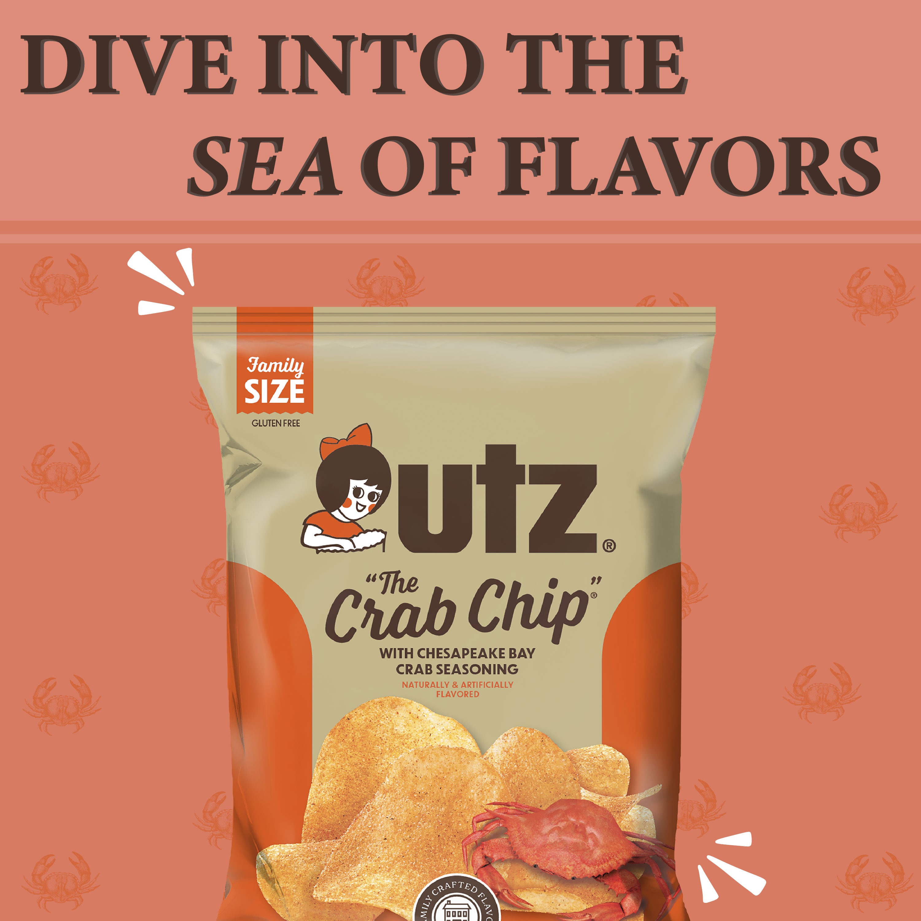 utz Crab Chip packaging with promotional text on a pink background