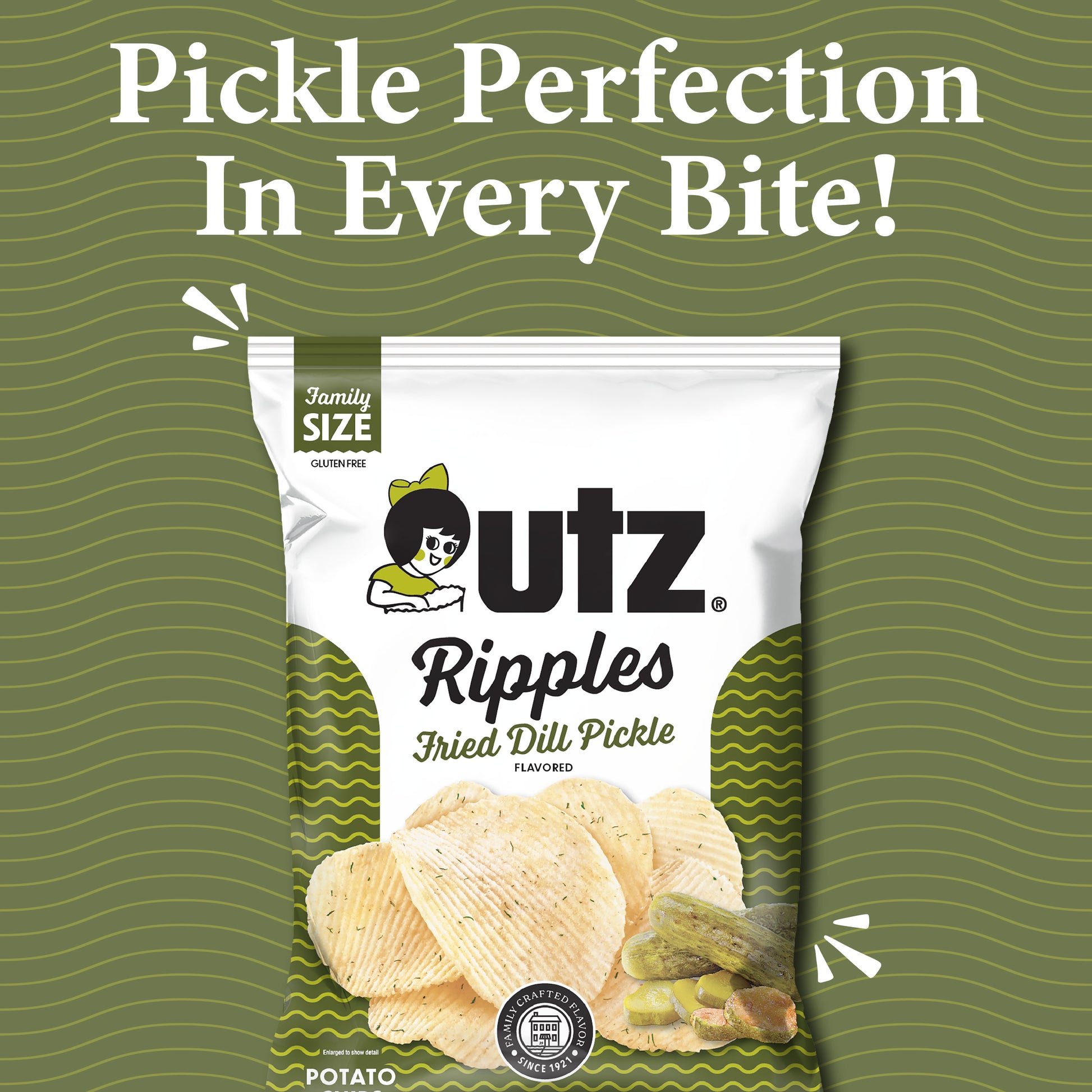 Utz Ripples Fried Dill Pickle flavored potato chips packaging on a green background with text.
