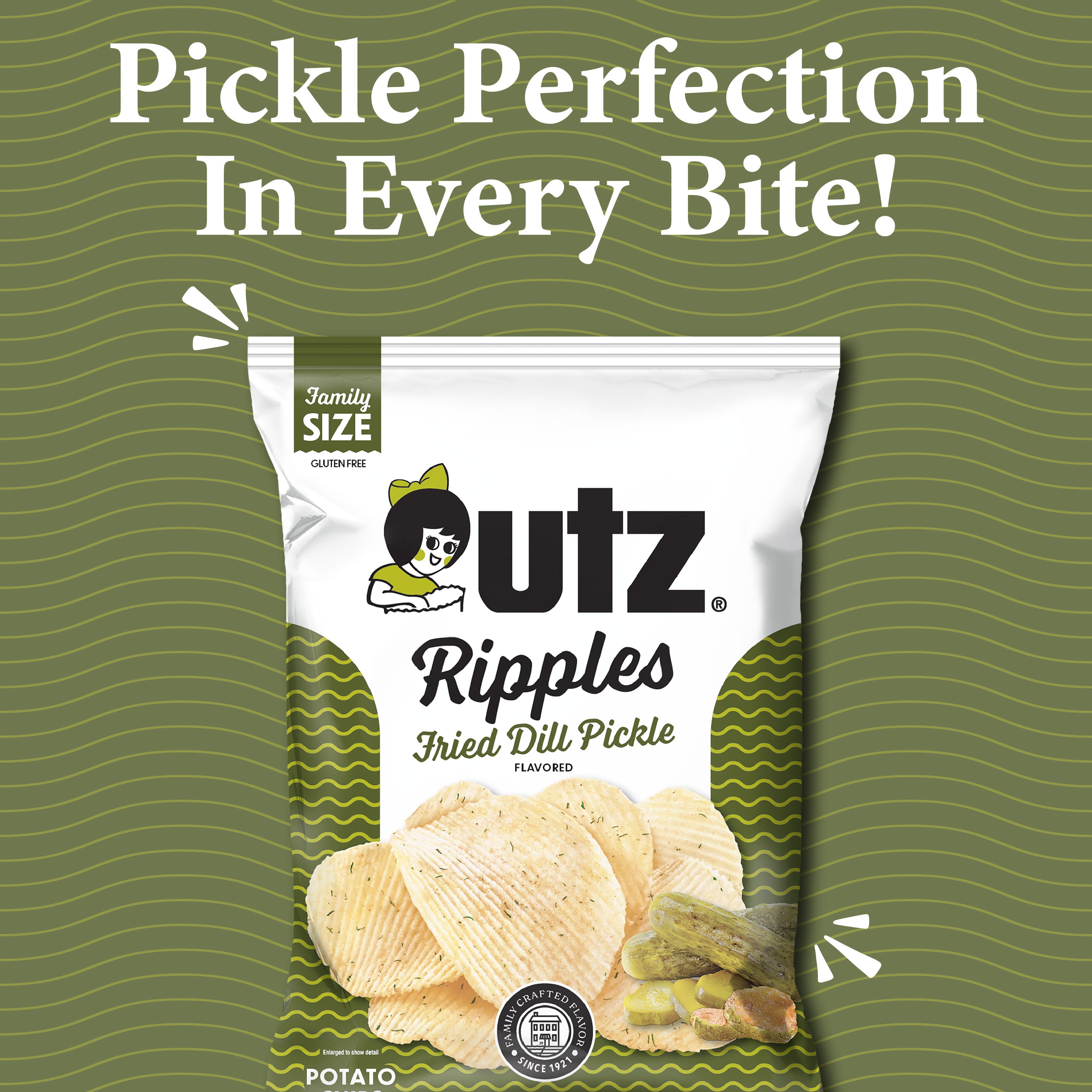 Utz Ripples Fried Dill Pickle flavored potato chips packaging on a green background with text.