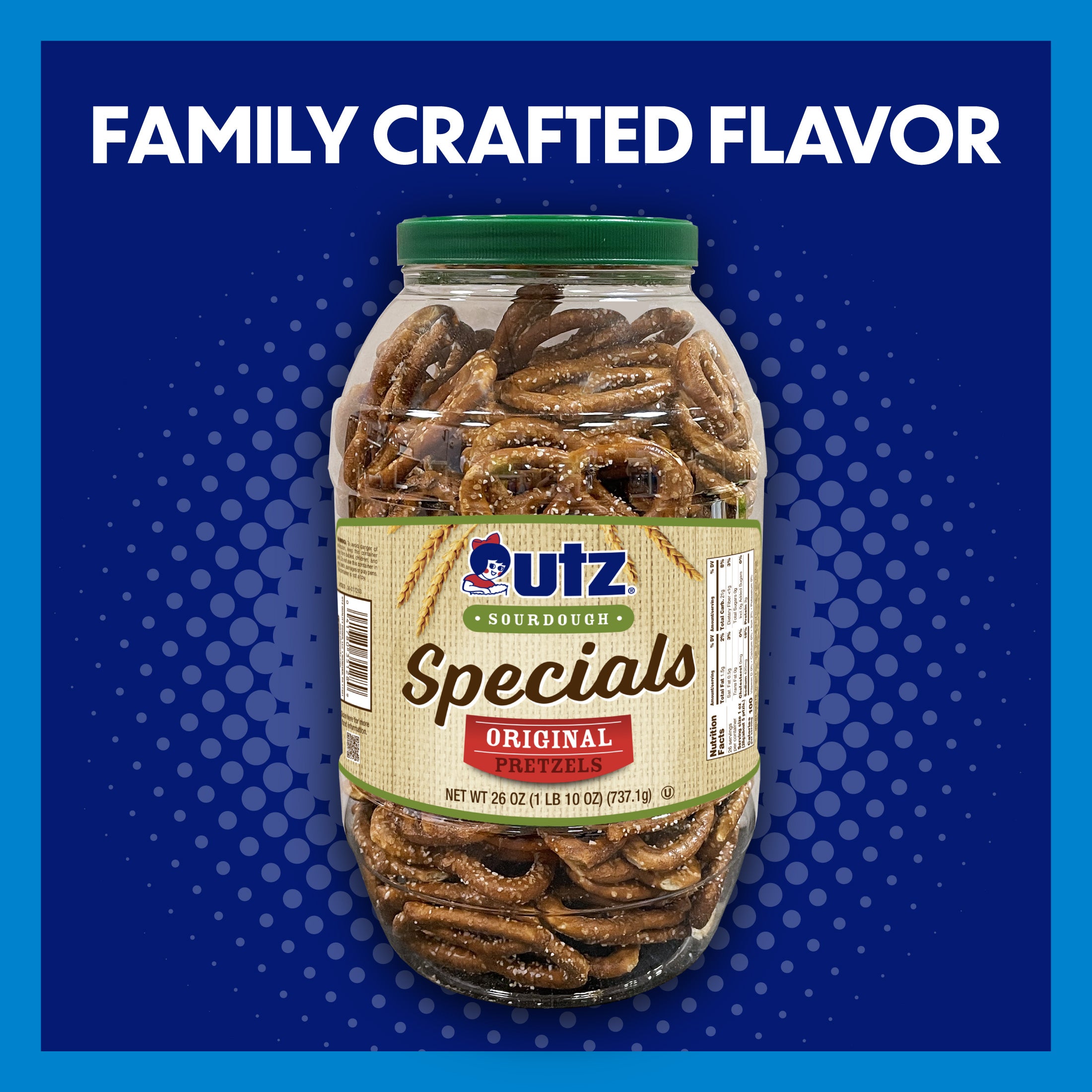 Jar of Utz Sourdough Specials pretzels on a blue background with text 'Family Crafted Flavor'.