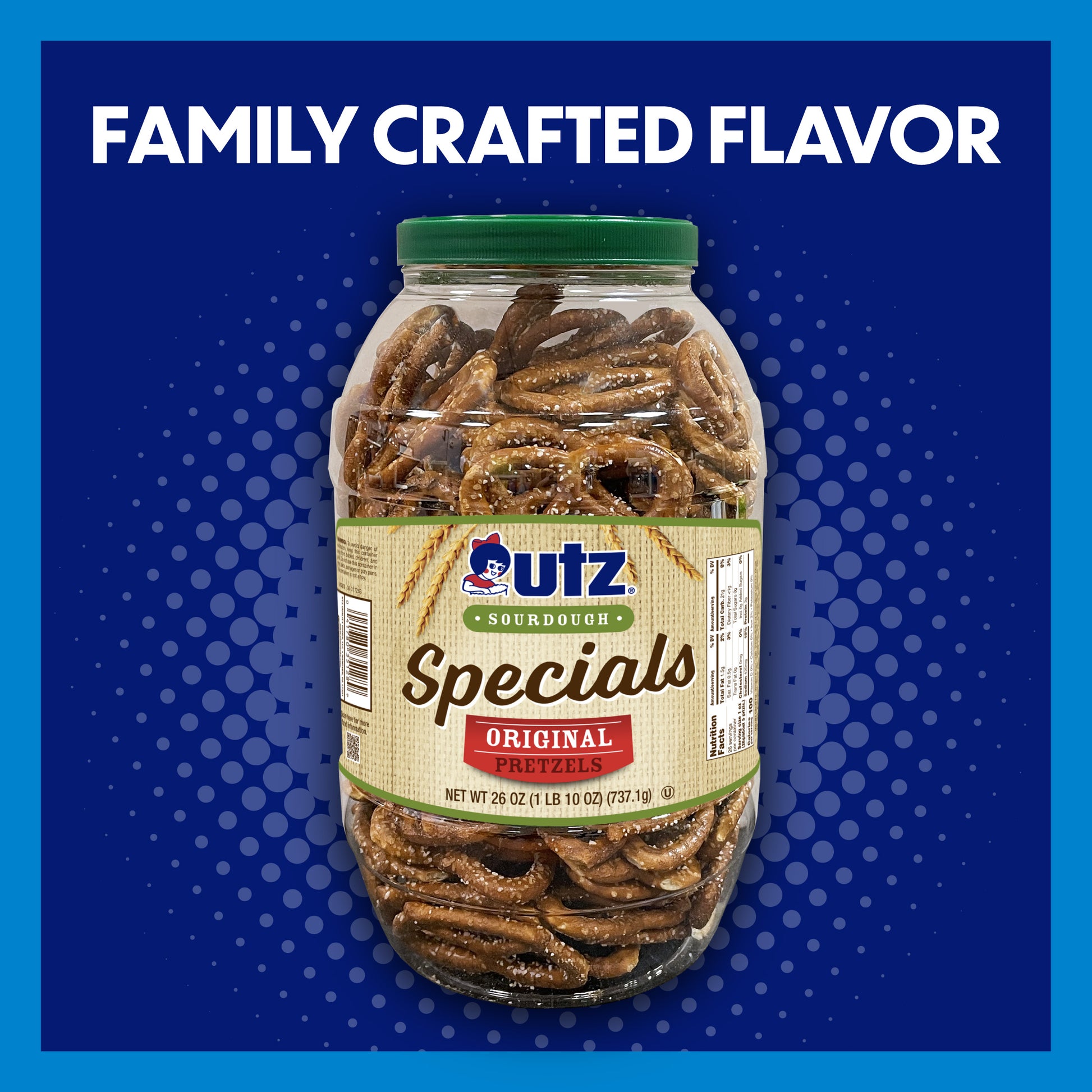 Jar of Utz Sourdough Specials pretzels on a blue background with text 'Family Crafted Flavor'.