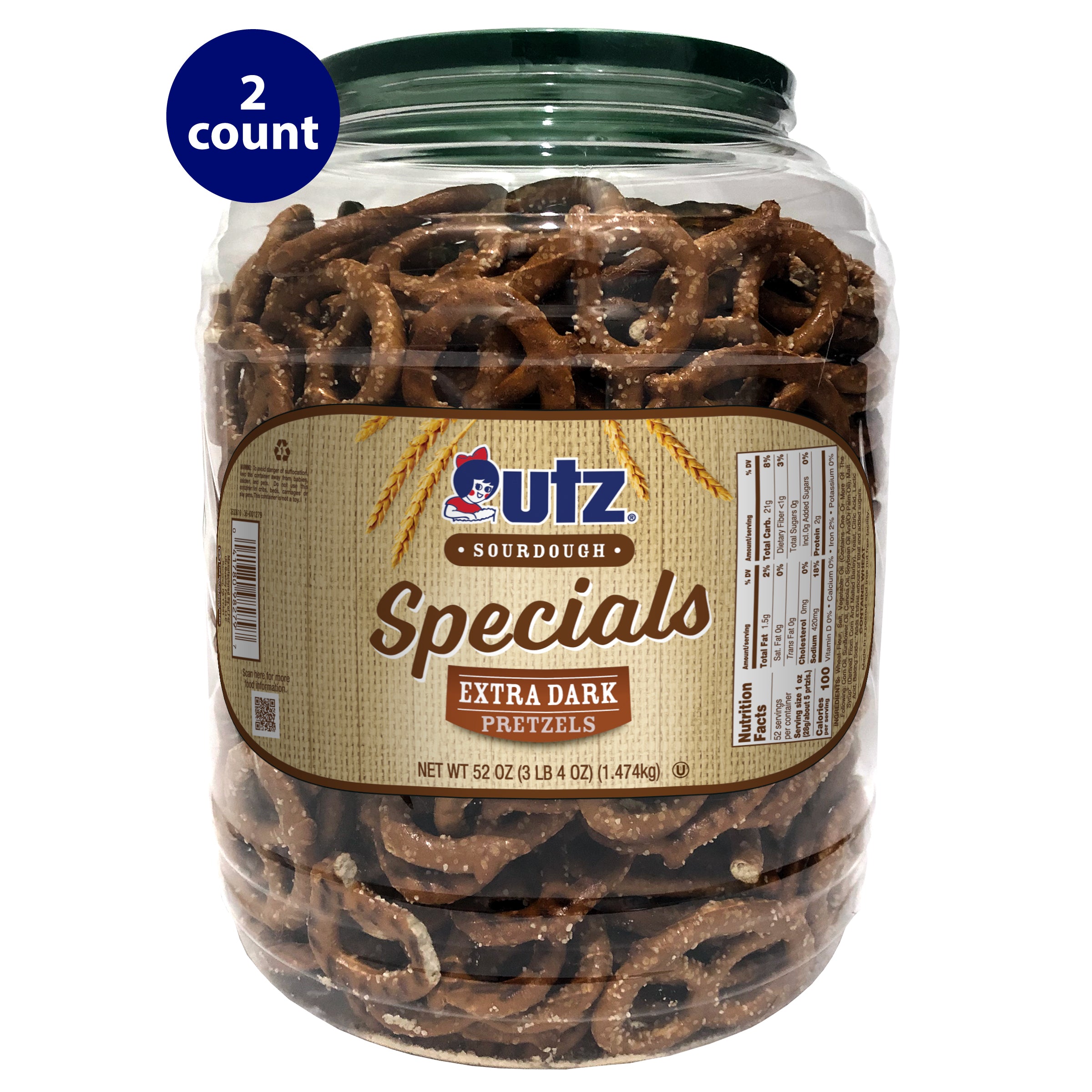 Image of a 52 oz (3 lb 4 oz) barrel of Utz Sourdough Specials Extra Dark Pretzels, labeled '2 count' at the top left. The pretzels are visible through the clear container, with a green lid and product branding on the front label.
