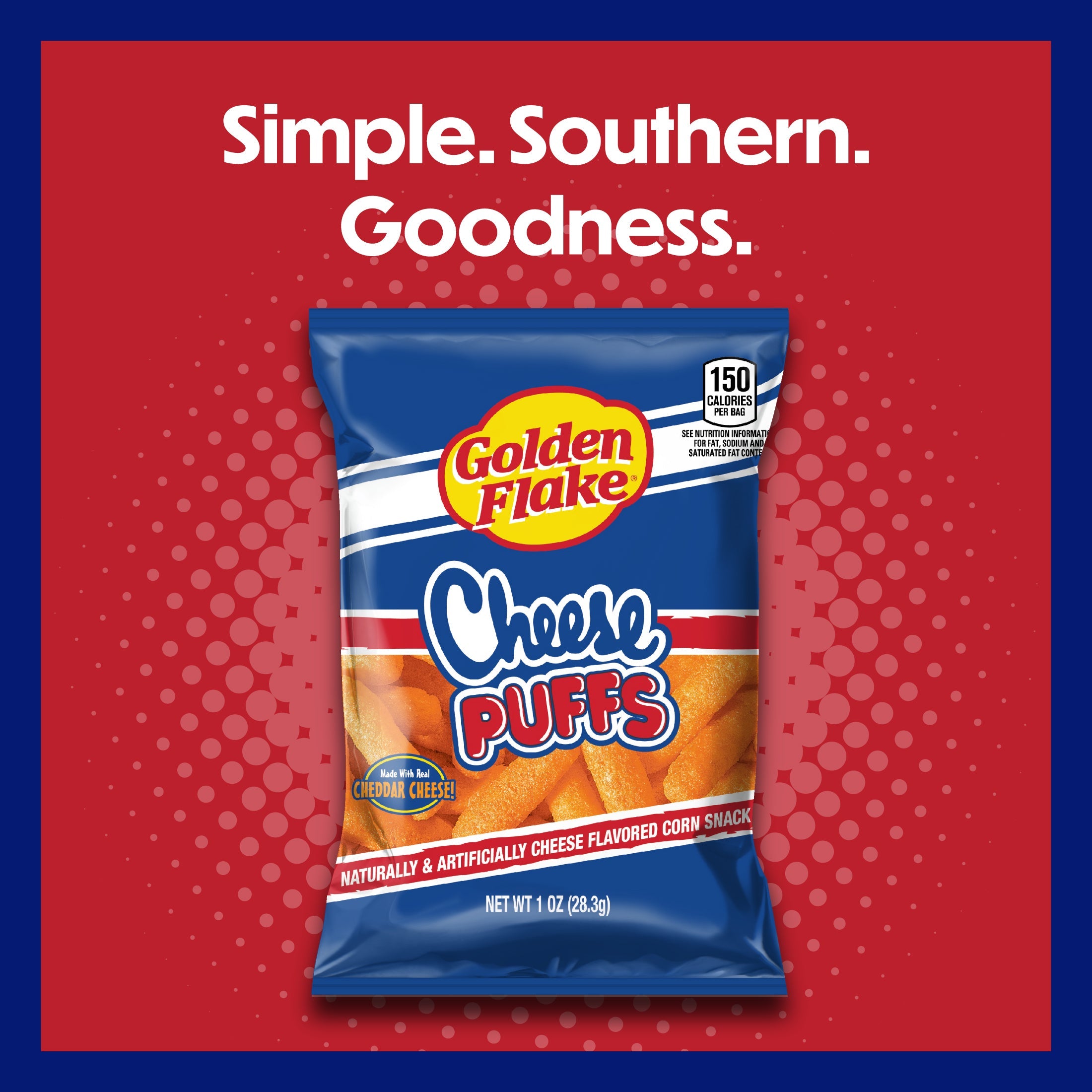 Packaging of Golden Flake Cheese Puffs on a red background with text 'Simple. Southern. Goodness.'