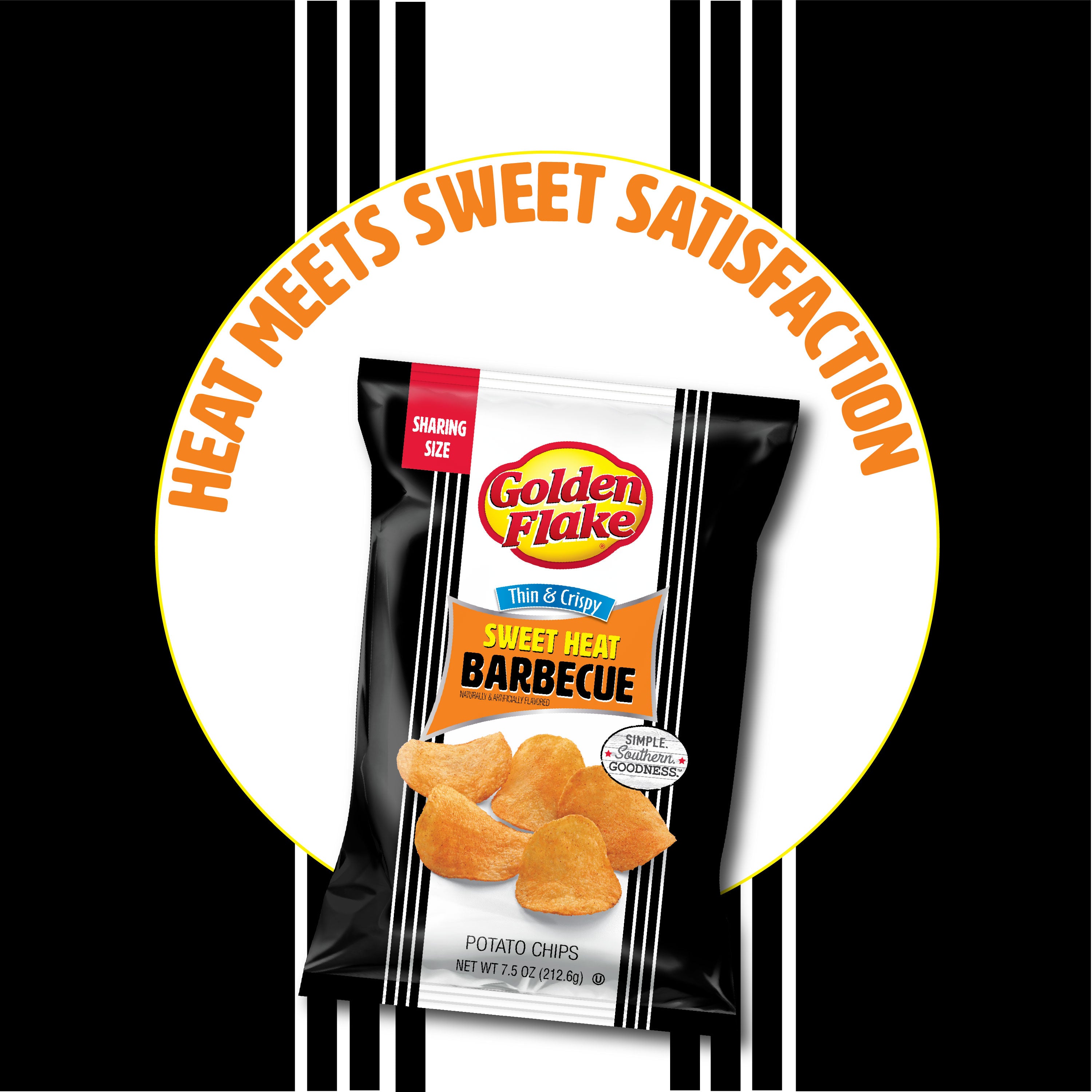 Golden Flake Sweet Heat Barbecue potato chips packaging on a black and white striped background