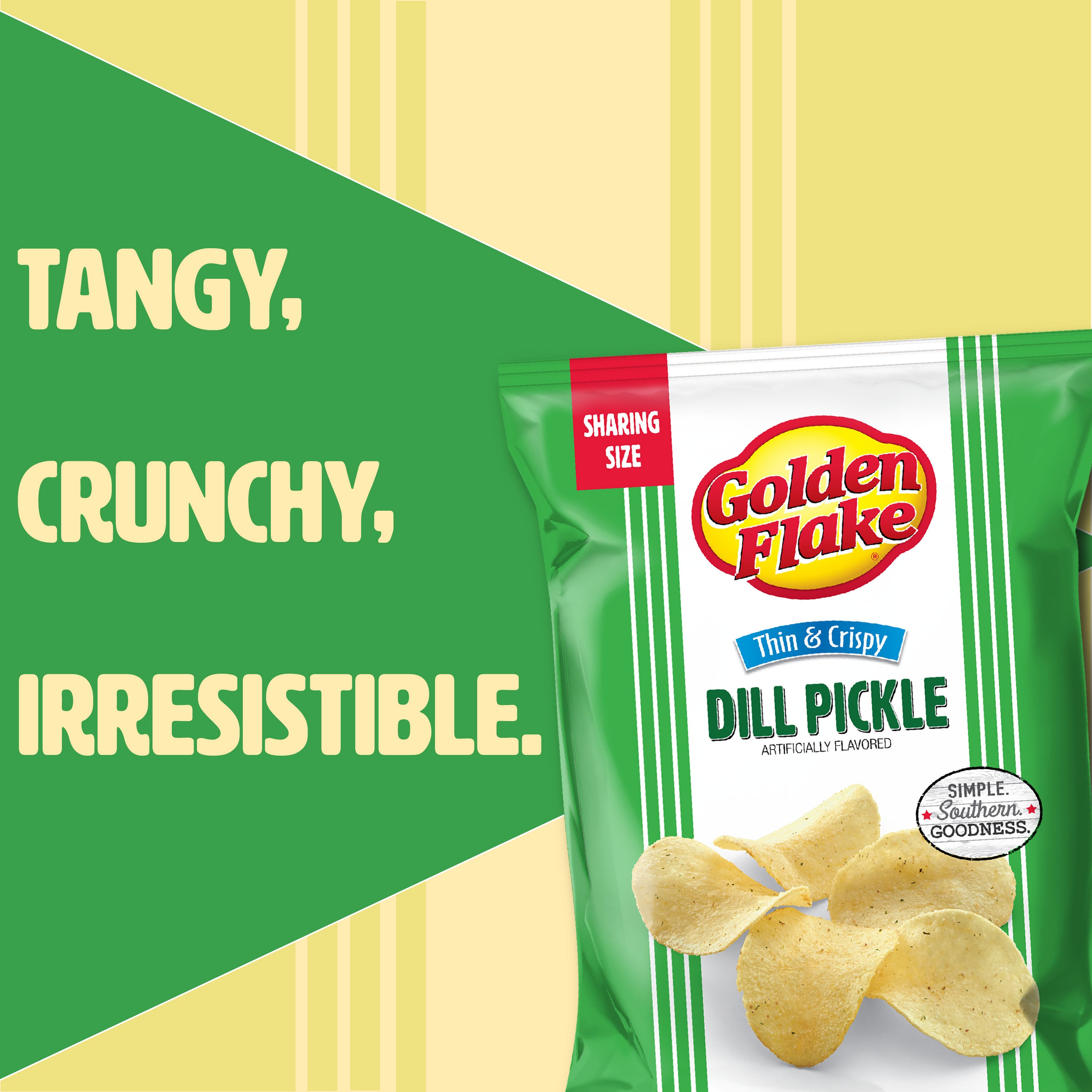 Golden Flake Dill Pickle chips packaging with text on a green and yellow background