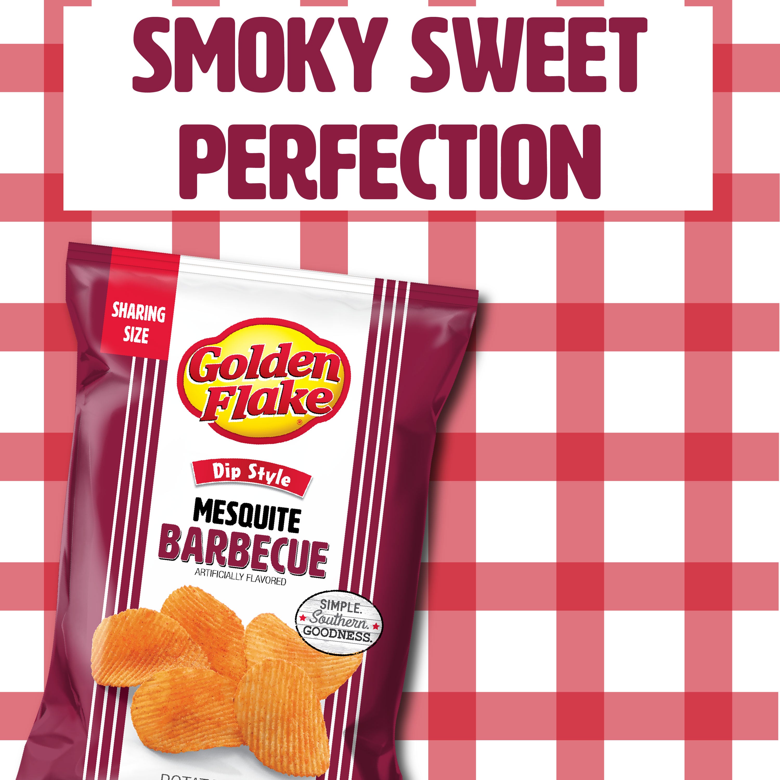 Golden Flake Mesquite Barbecue chips packaging on a red and white checkered background