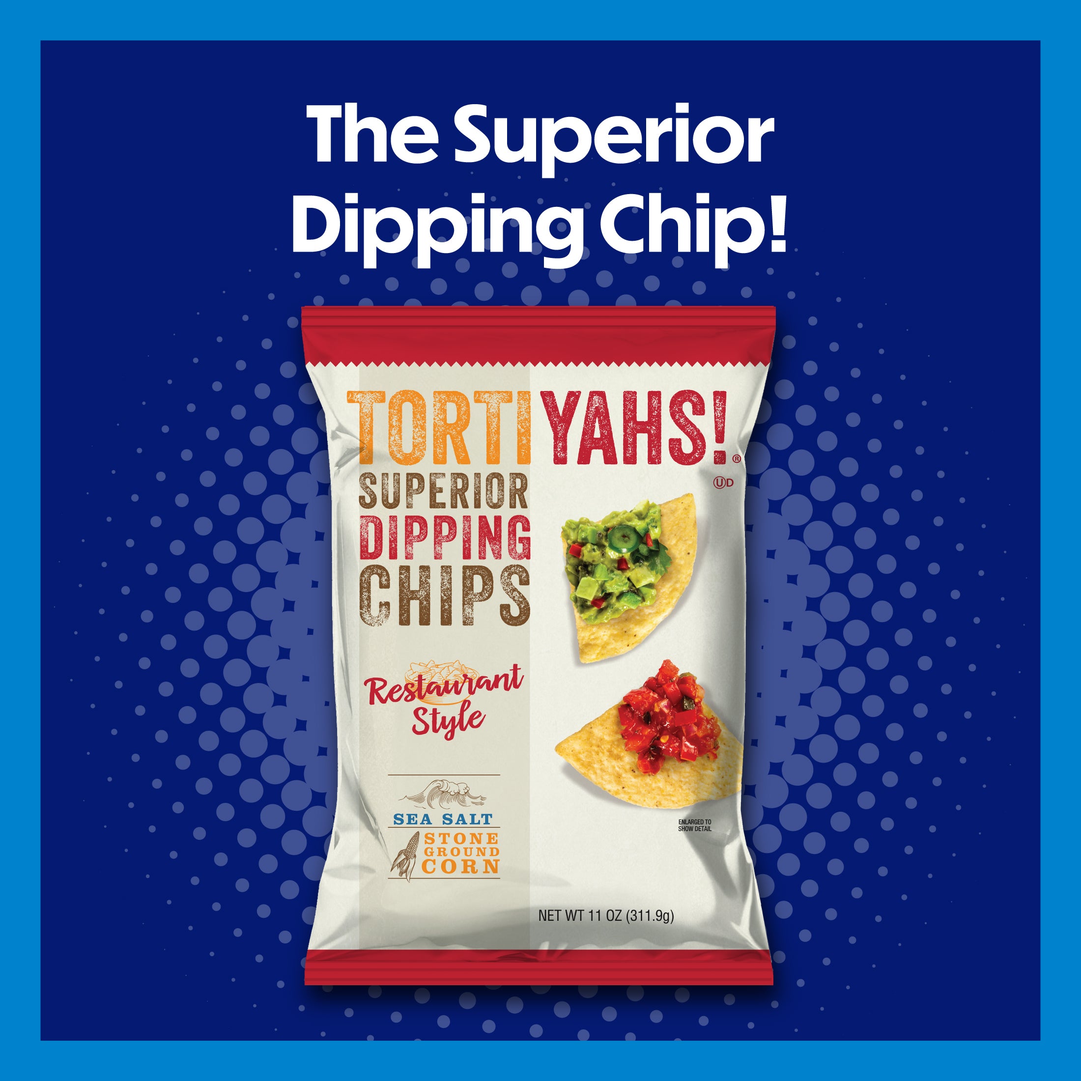 Tortiyahs superior dipping chips packaging on a blue background