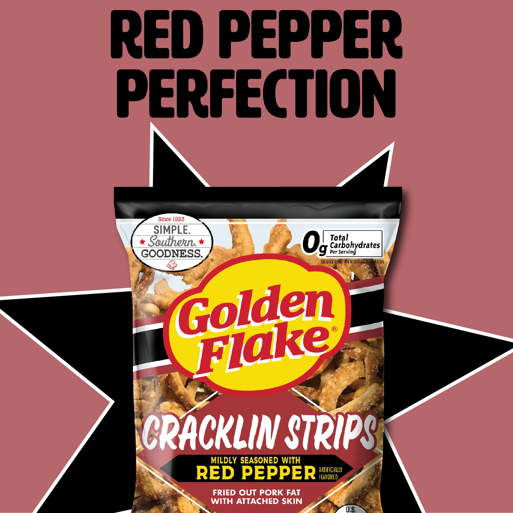 Packaging of Golden Flake Cracklin Strips with red pepper flavor on a pink and black star background.