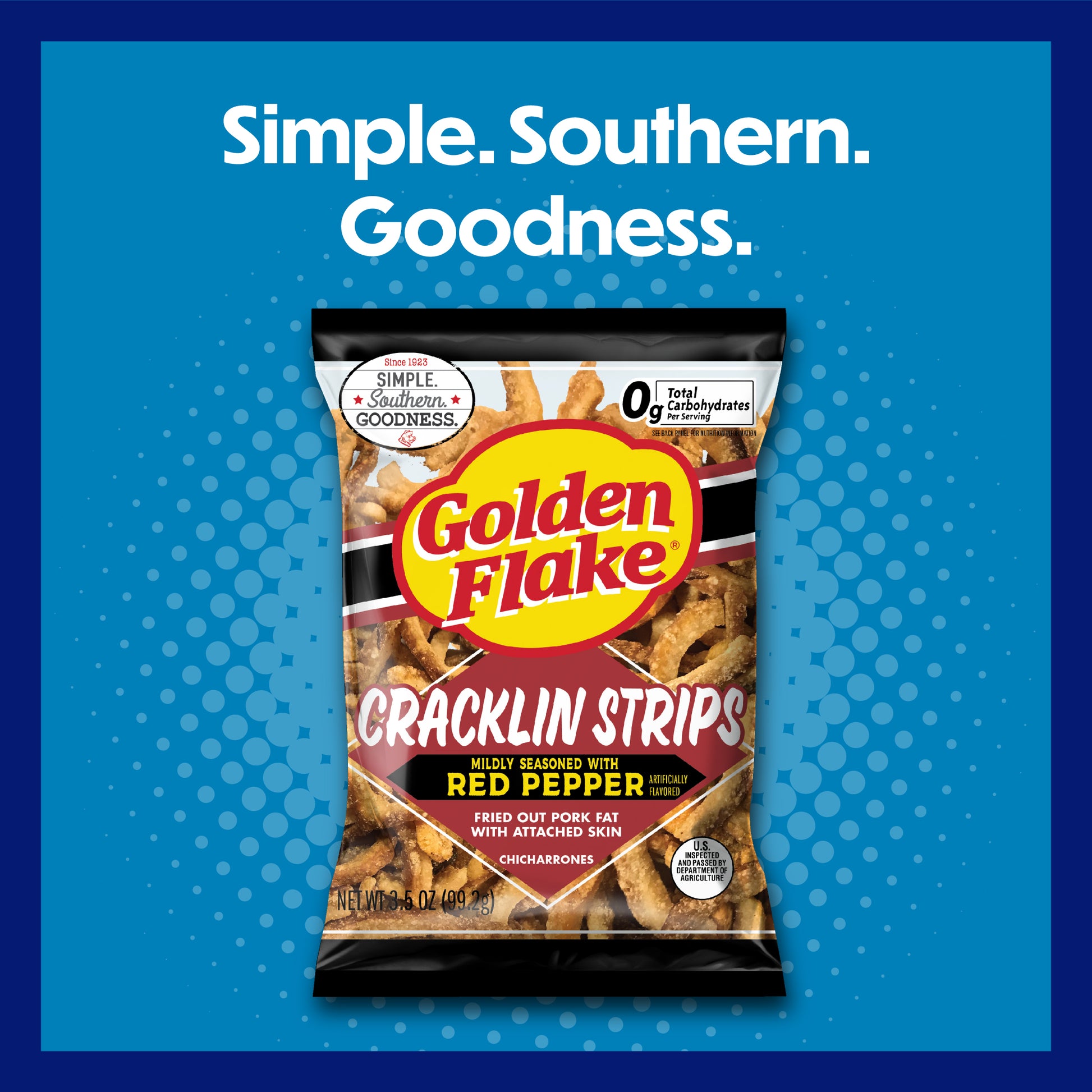 Packaging of Golden Flake Cracklin Strips on a blue background with 'Simple. Southern. Goodness.' text.