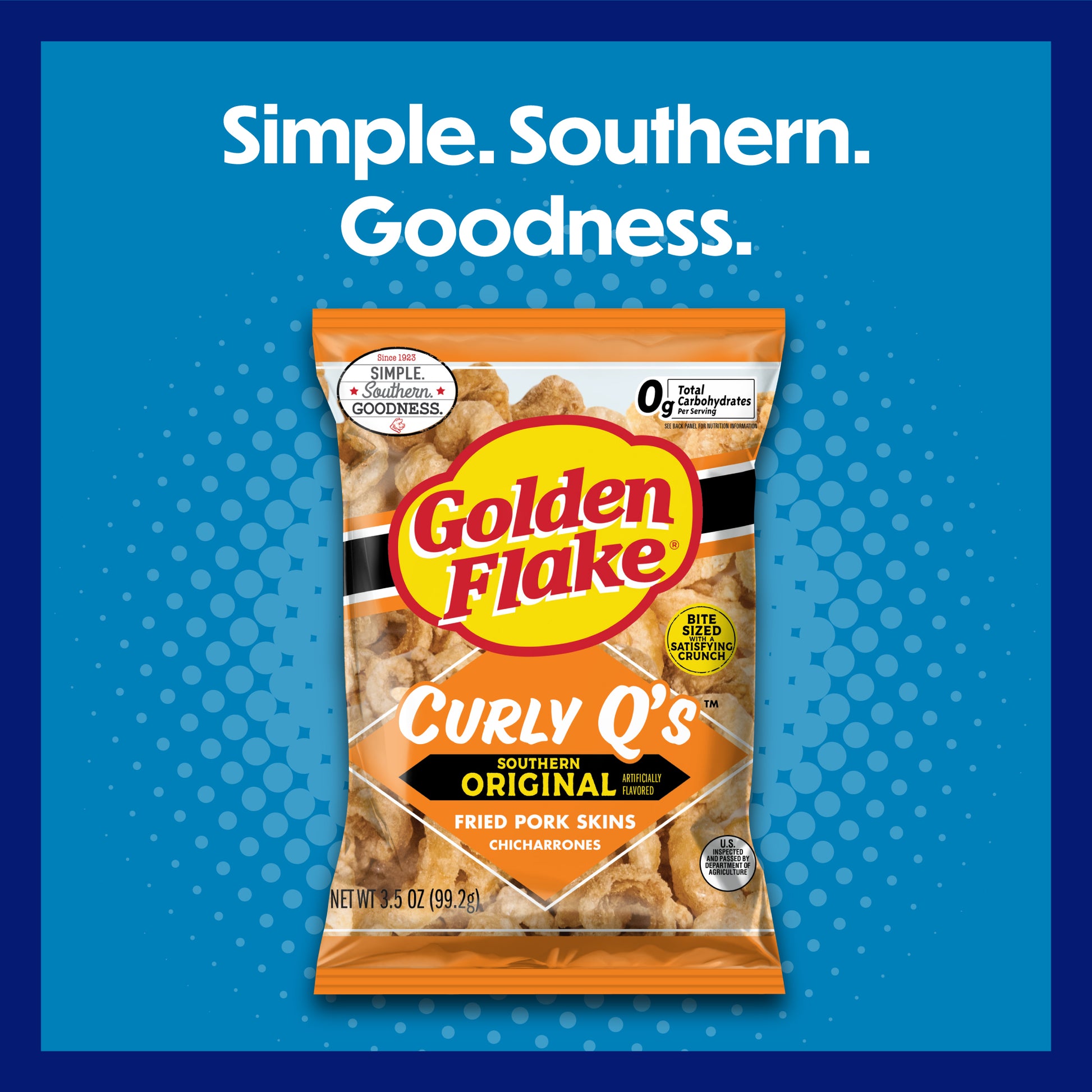 Packaging of Golden Flake Curly Q's on a blue background with text 'Simple. Southern. Goodness.'