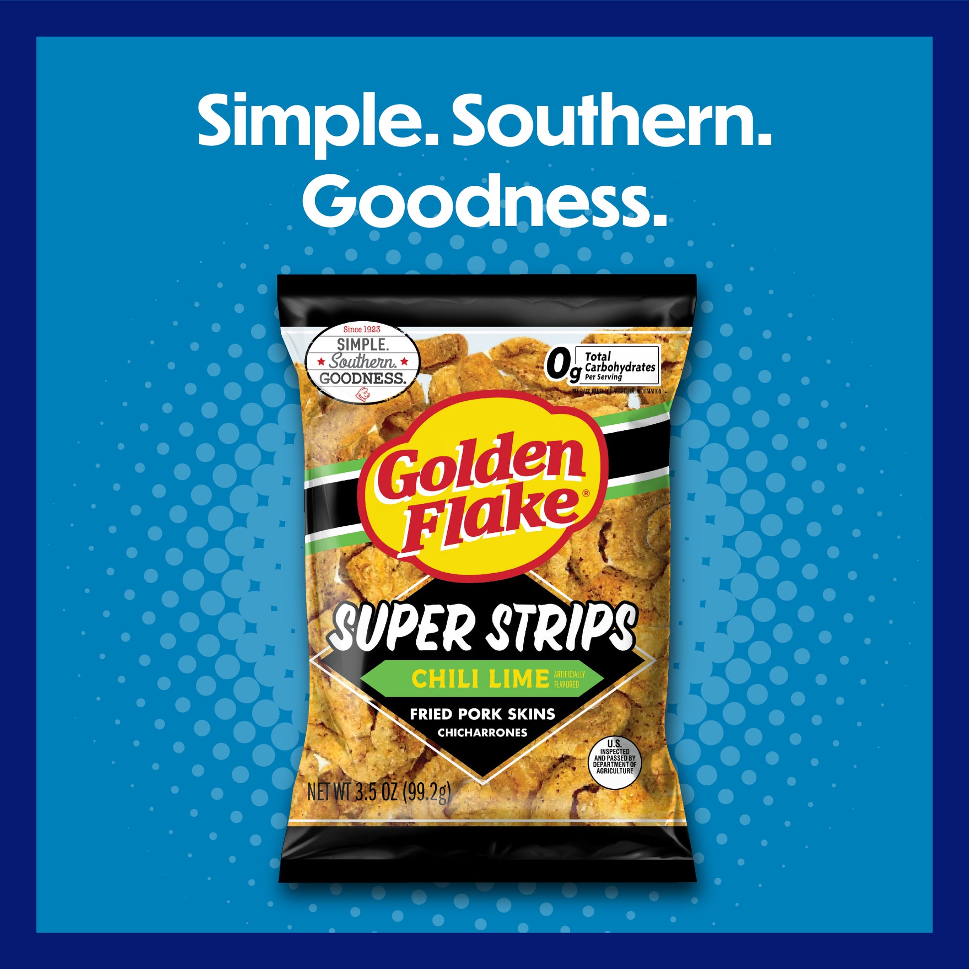Packaging of Golden Flake Super Strips Chilli Lime on a blue background with text 'Simple. Southern. Goodness.'