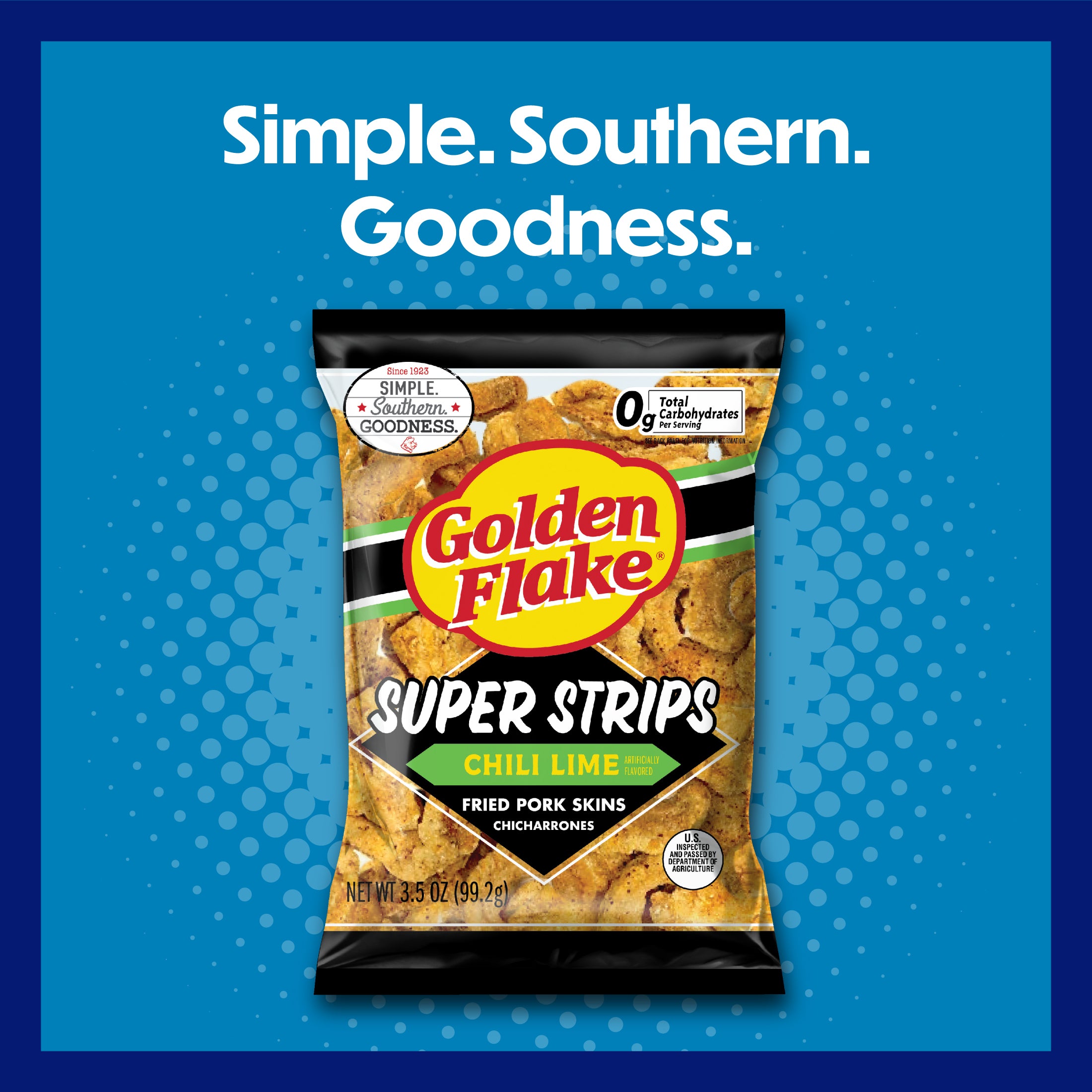 Packaging of Golden Flake Super Strips Chilli Lime on a blue background with text 'Simple. Southern. Goodness.'