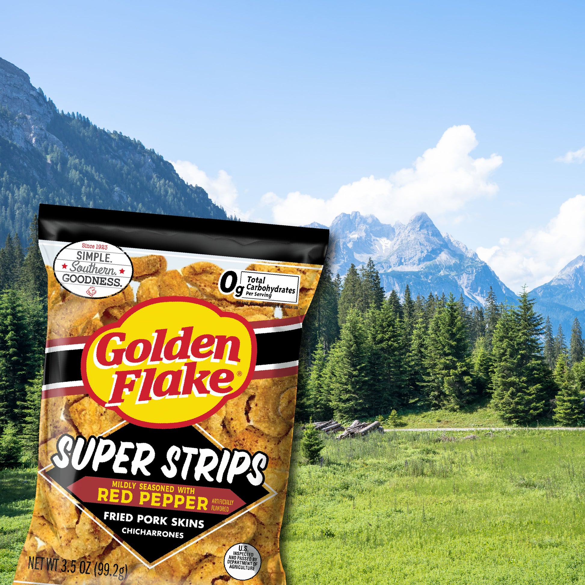 Bag of Golden Flake Super Strips with a mountainous landscape in the background