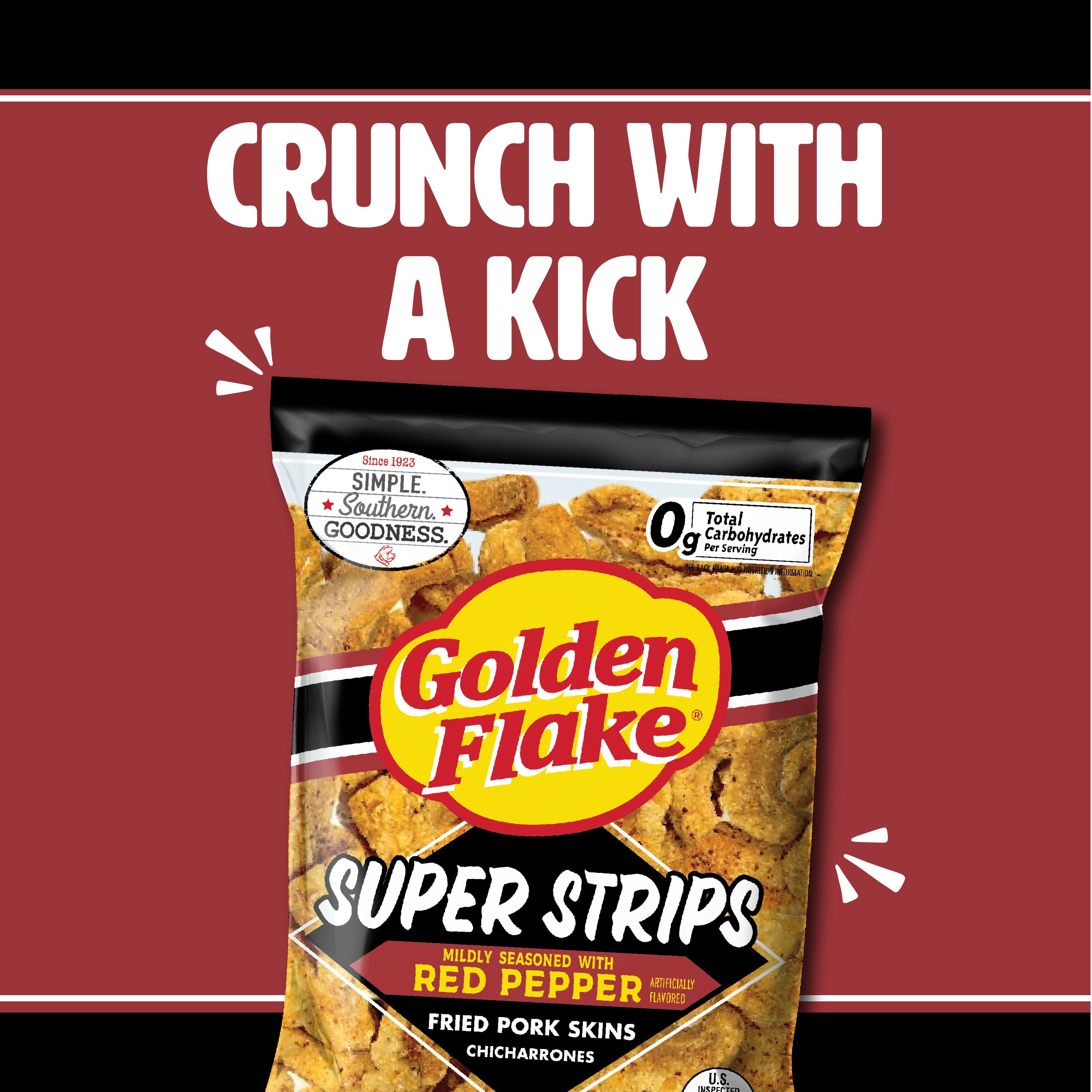 Packaging of Golden Flake Super Strips with text 'Crunch with a Kick' on a red background