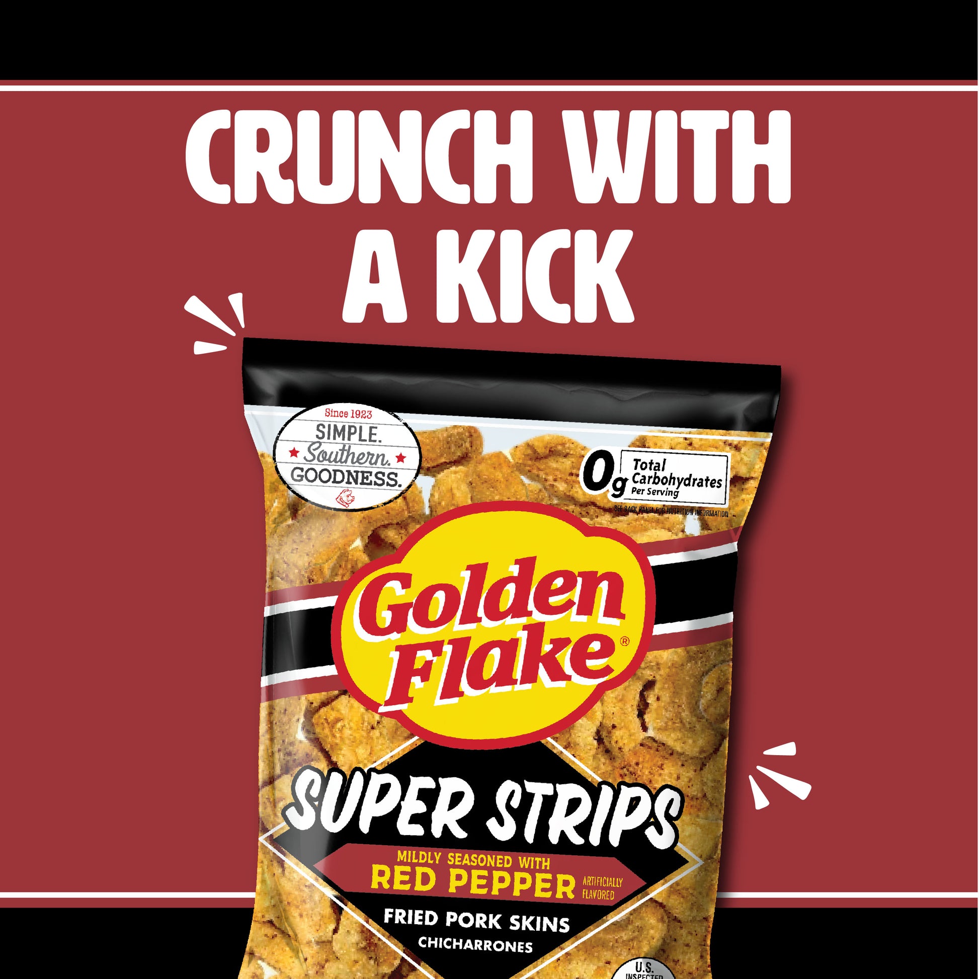 Packaging of Golden Flake Super Strips with text 'Crunch with a Kick' on a red background
