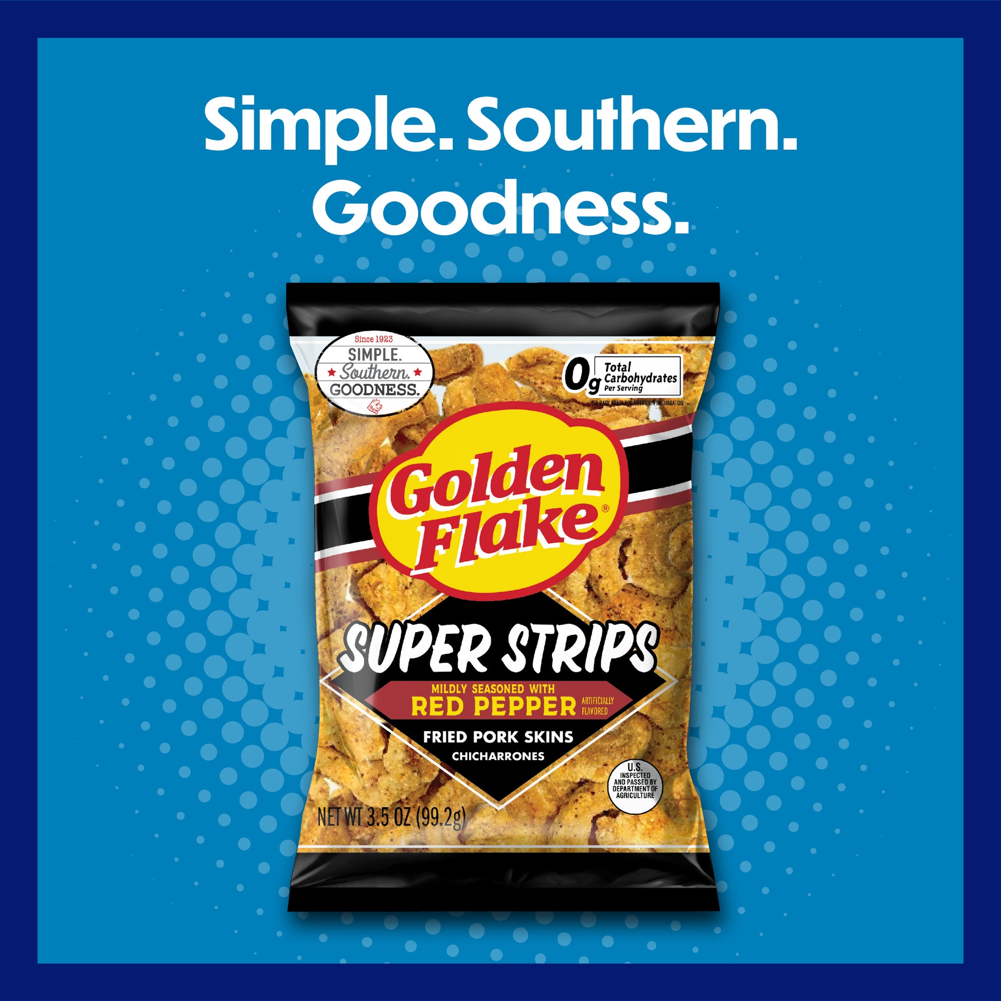 Packaging of Golden Flake Super Strips with a blue background and text 'Simple. Southern. Goodness.'