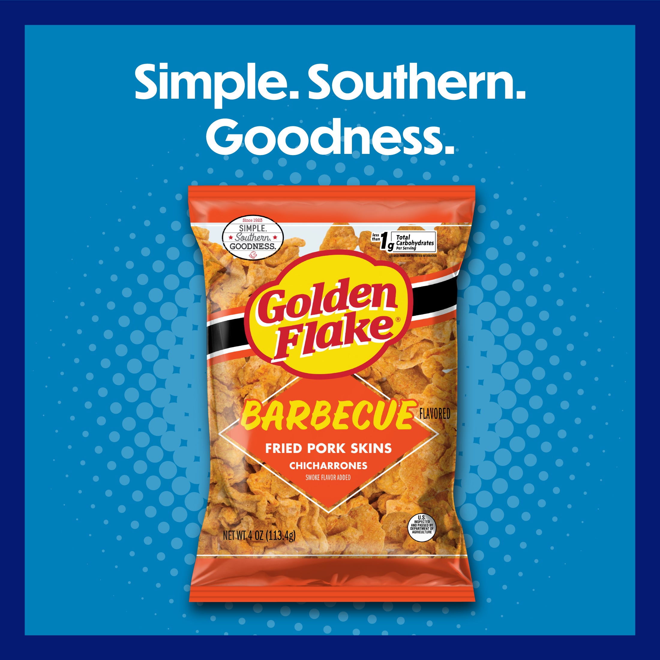 Packaging of Golden Flake Barbecue Fried Pork Skins with 'Simple. Southern. Goodness.' text on a blue background