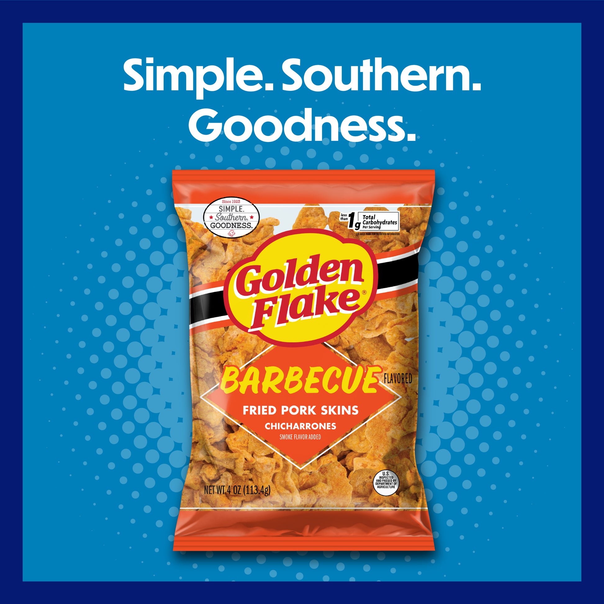 Packaging of Golden Flake Barbecue Fried Pork Skins with 'Simple. Southern. Goodness.' text on a blue background