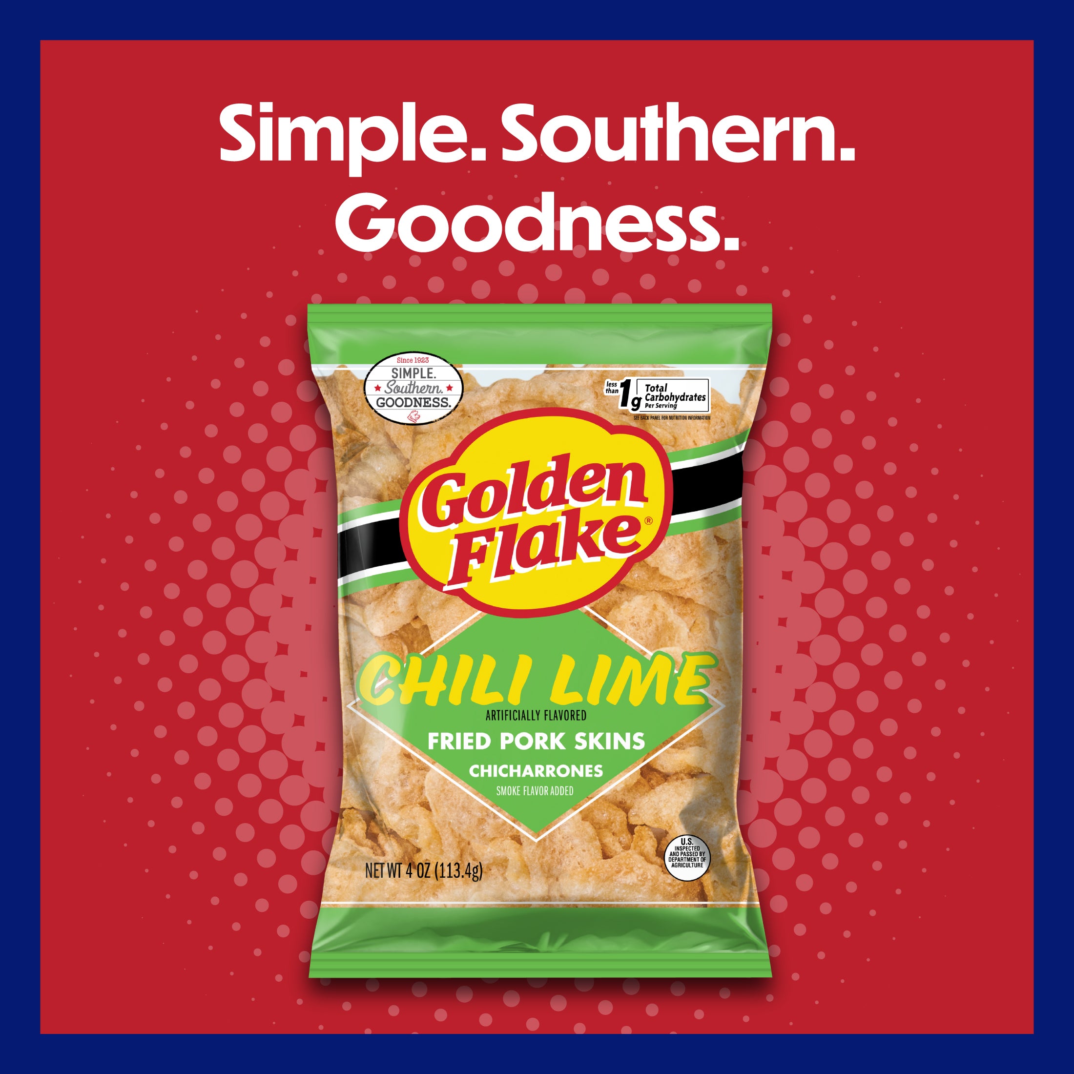 Packaging of Golden Flake Chili Lime Fried Pork Skins on a red background with text 'Simple. Southern. Goodness.'