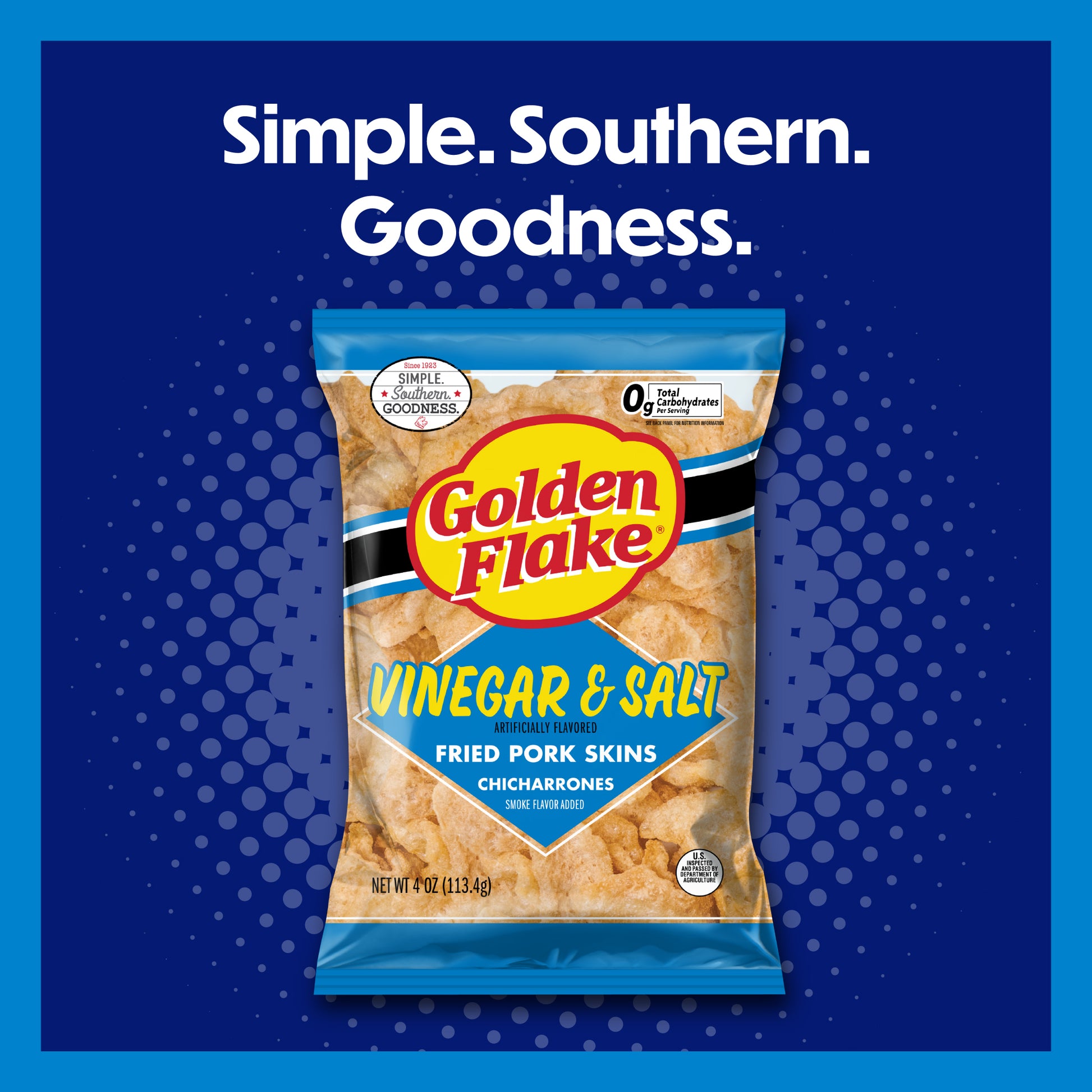 Packaging of Golden Flake Vinegar & Salt Fried Pork Skins on a blue background with text 'Simple. Southern. Goodness.'