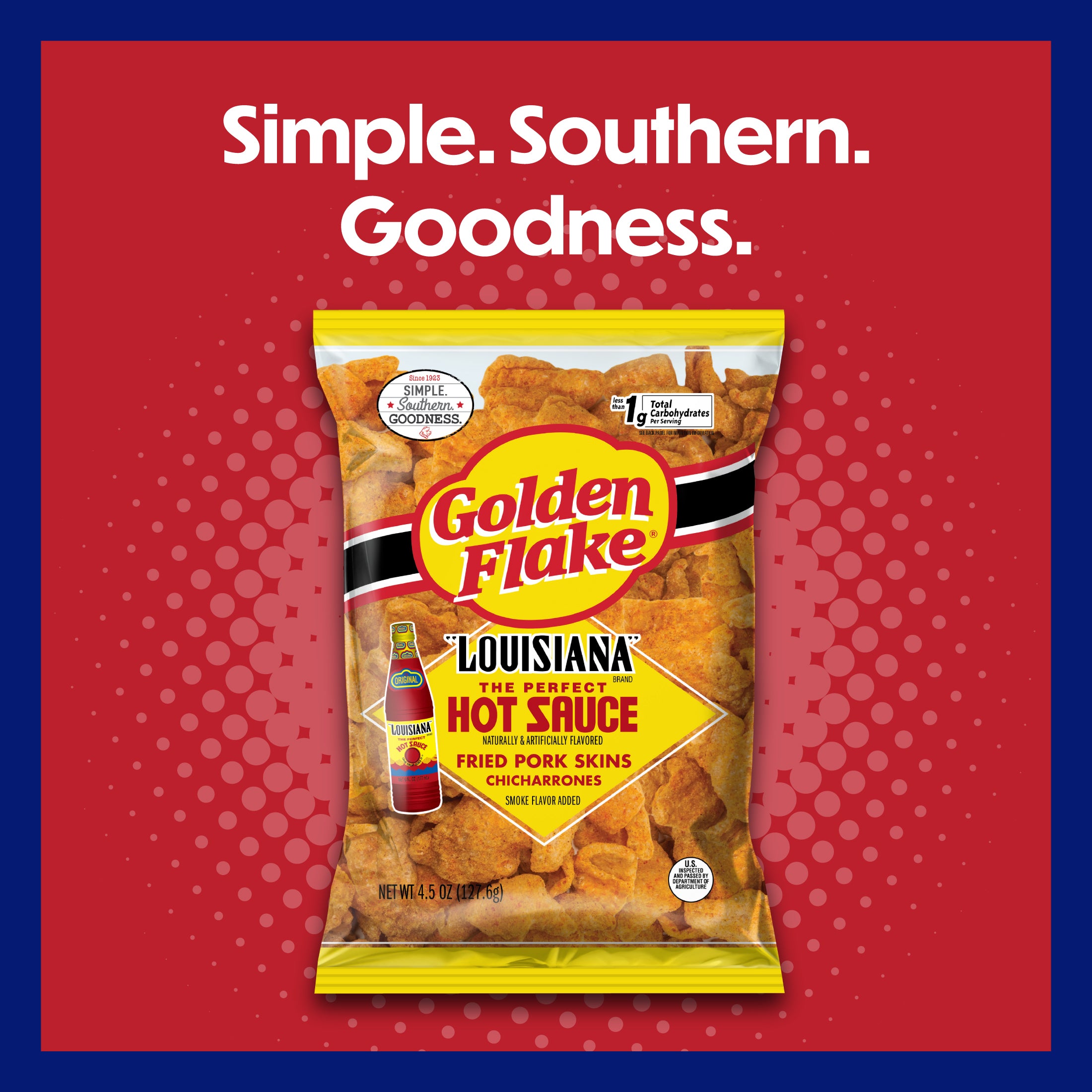 Packaging of Golden Flake fried pork skins with Louisiana hot sauce on a red background