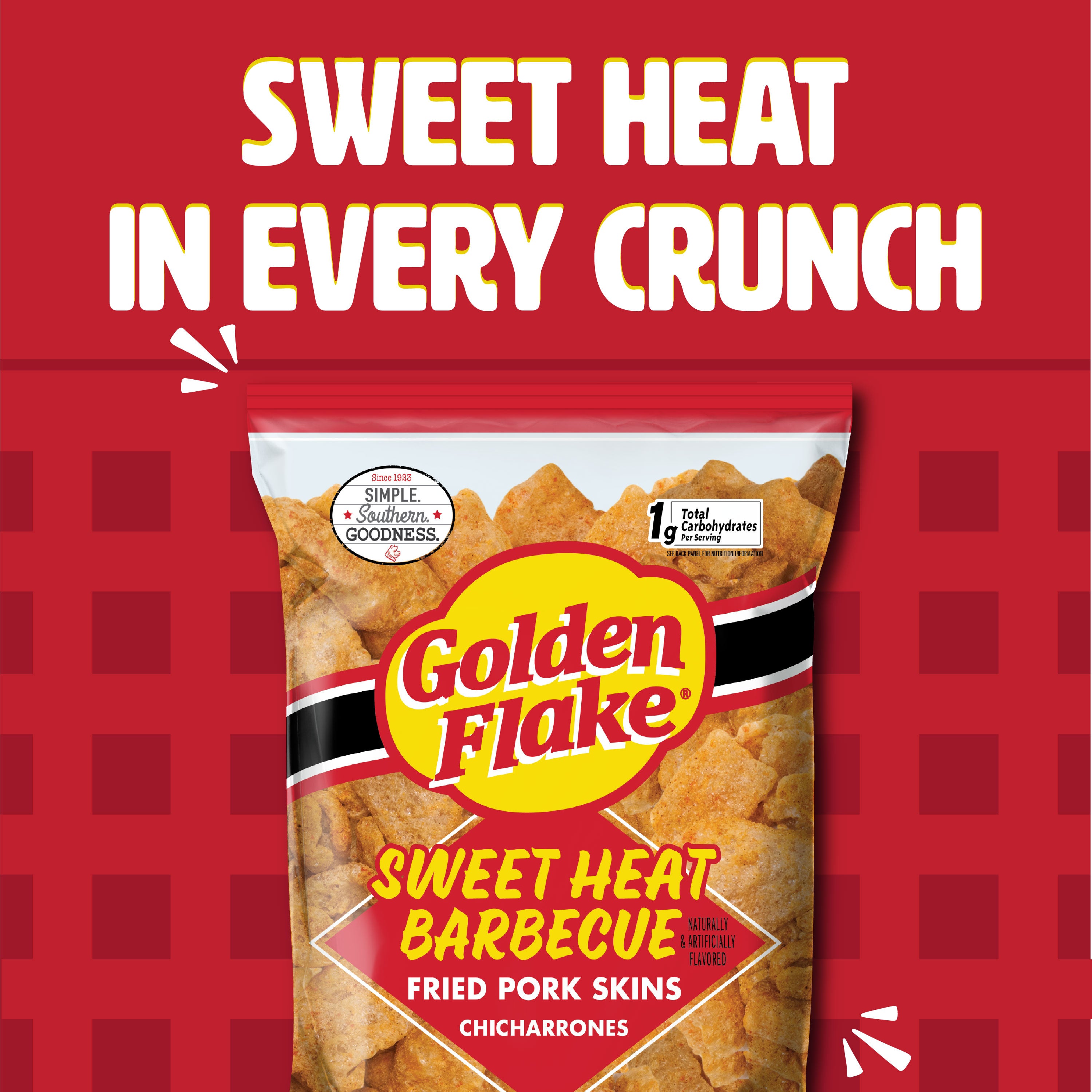 Packaging of Golden Flake Sweet Heat Barbecue Fried Pork Skins on a red background with text.
