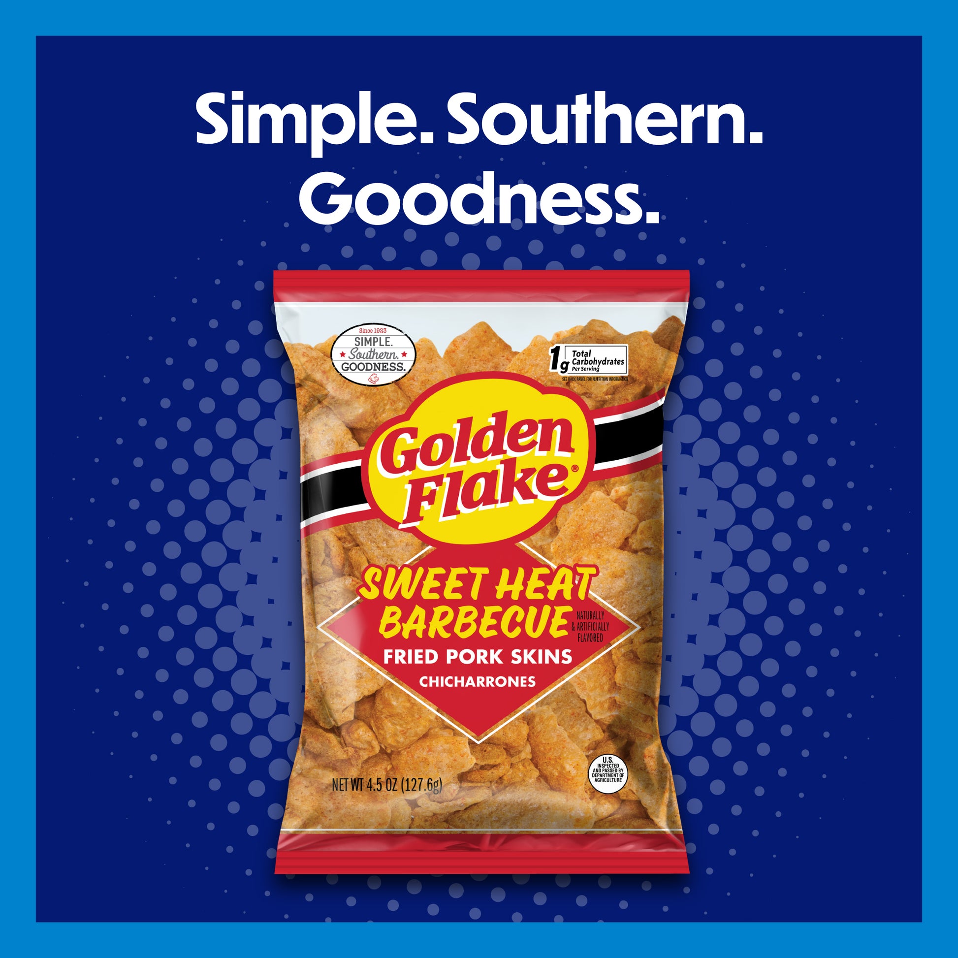Packaging of Golden Flake Sweet Heat Barbecue Fried Pork Skins on a blue background with 'Simple. Southern. Goodness.' text.
