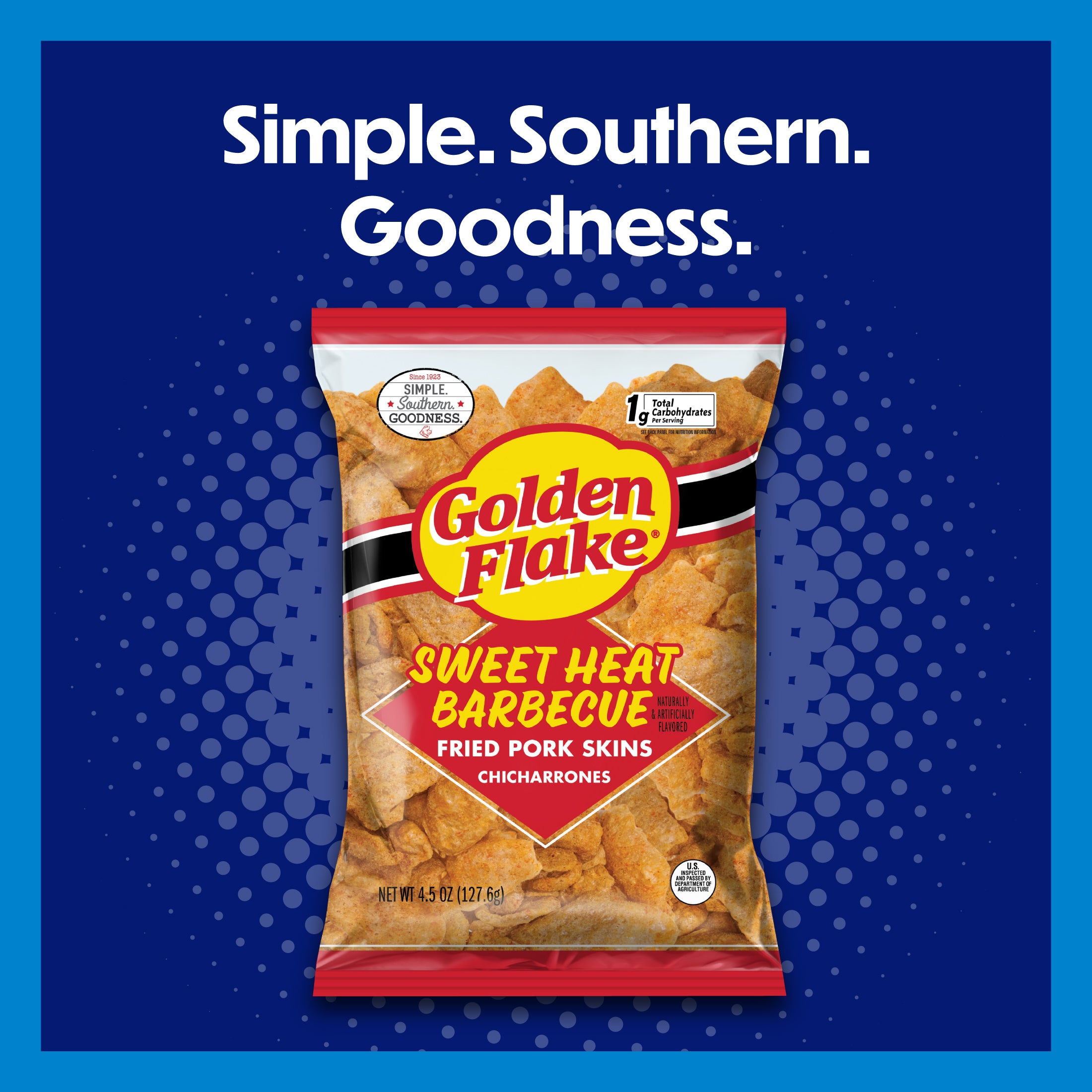 Packaging of Golden Flake Sweet Heat Barbecue Fried Pork Skins on a blue background with 'Simple. Southern. Goodness.' text.