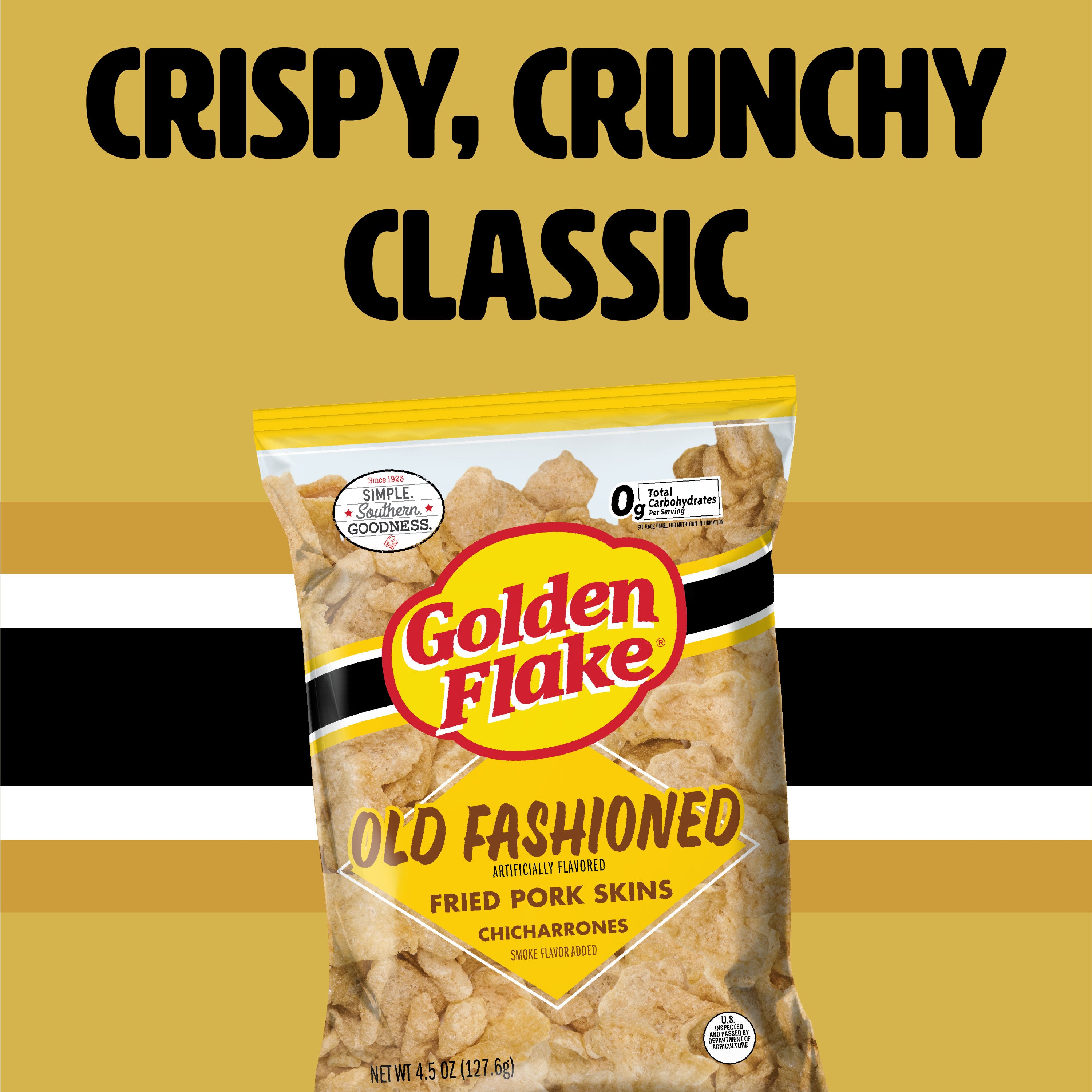 Packaging of Golden Flake Old Fashioned Fried Pork Skins with text on a yellow background