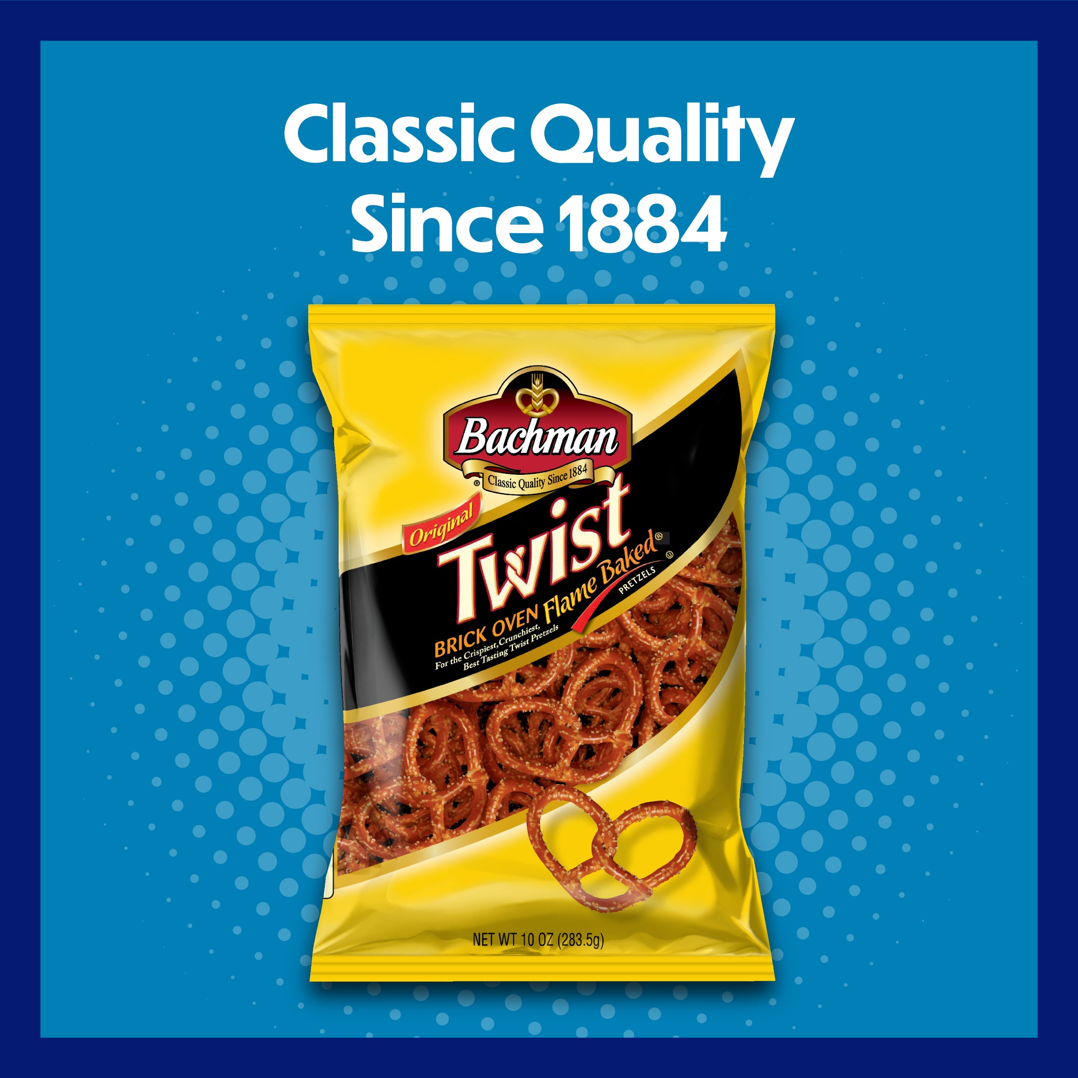 Bachman Twist pretzel snack package on a blue background with text 'Classic Quality Since 1884'.