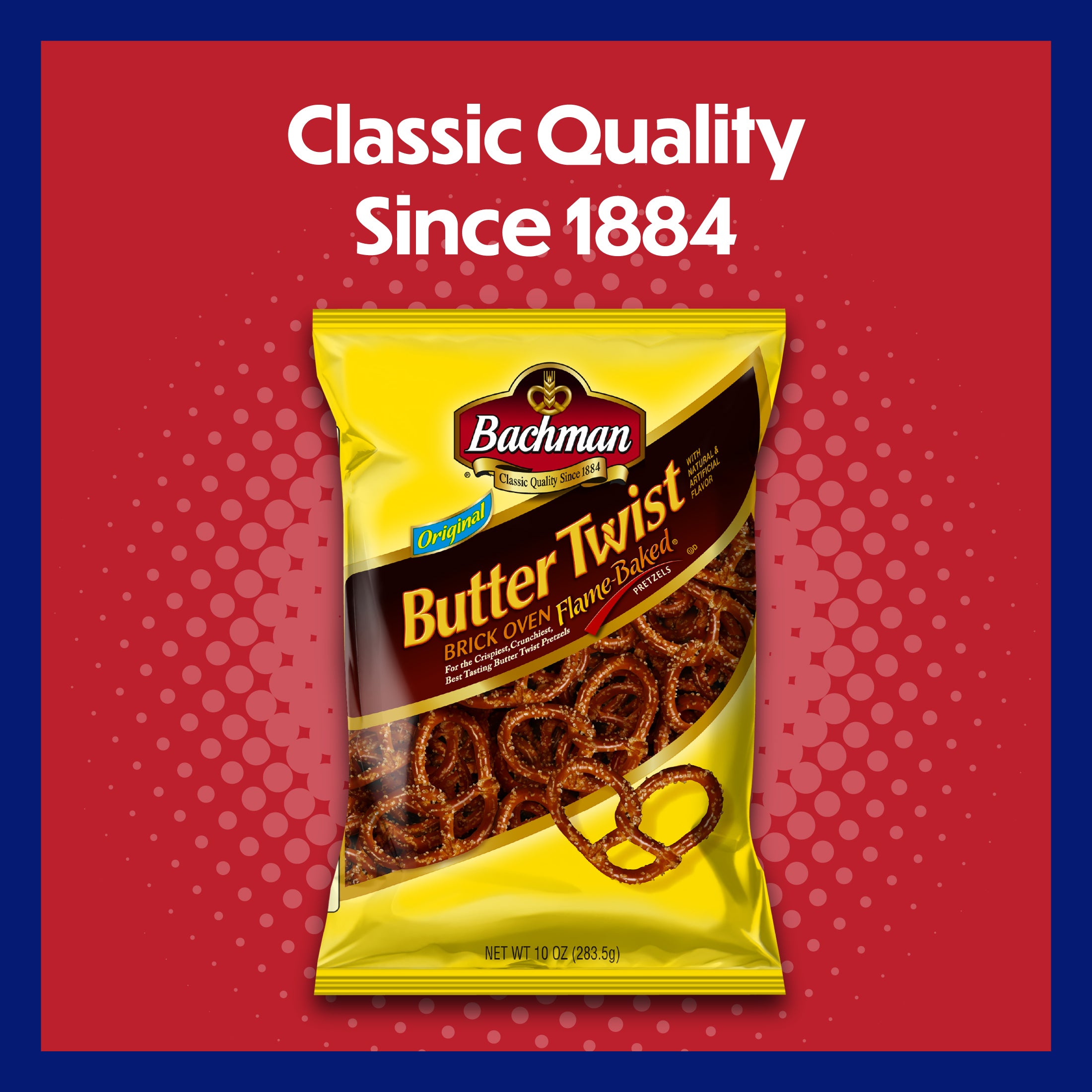 Bachman Butter Twist pretzel package on a red background with text 'Classic Quality Since 1884'.