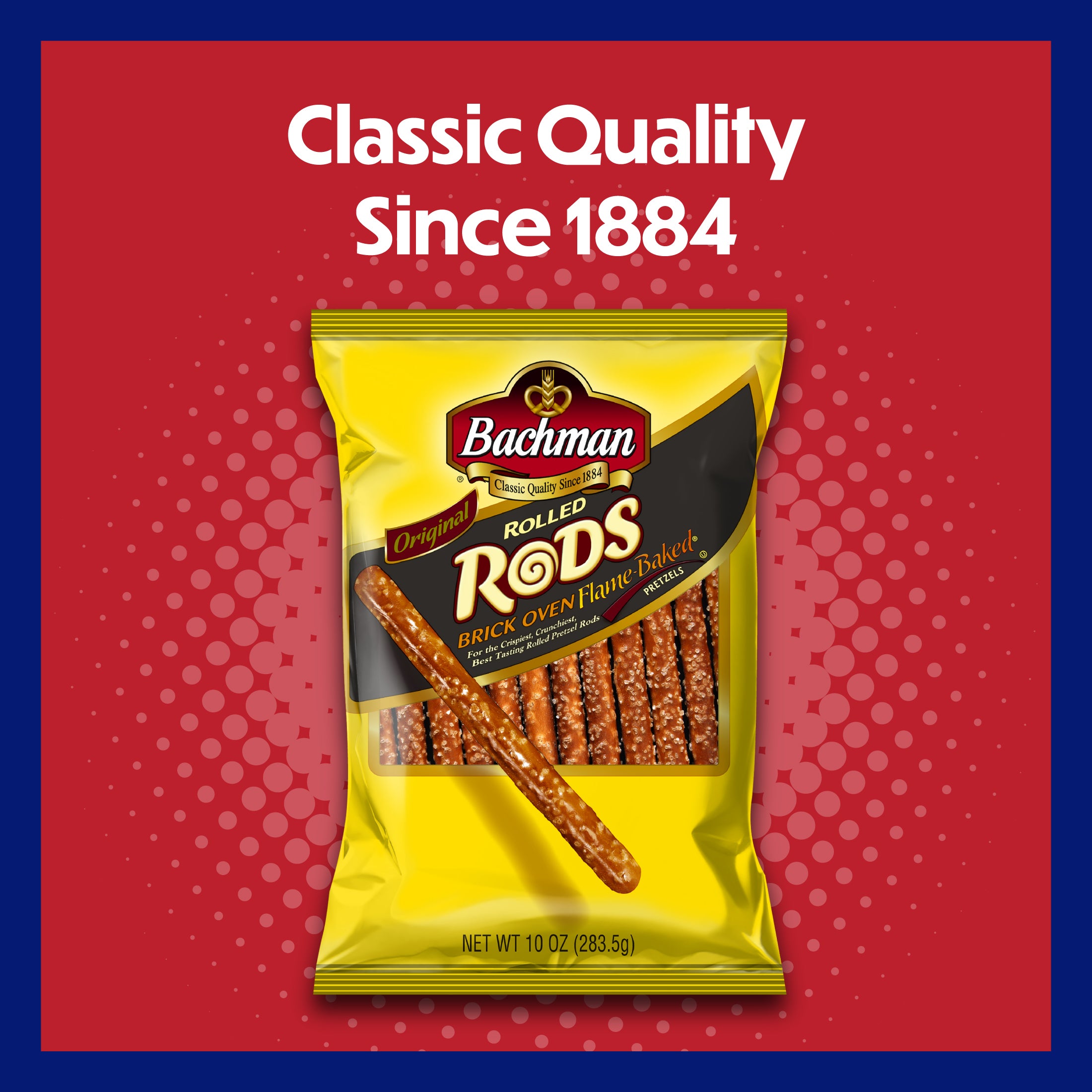 Packaging of Bachman Rolled Rods pretzel sticks with a red background and text 'Classic Quality Since 1884'.