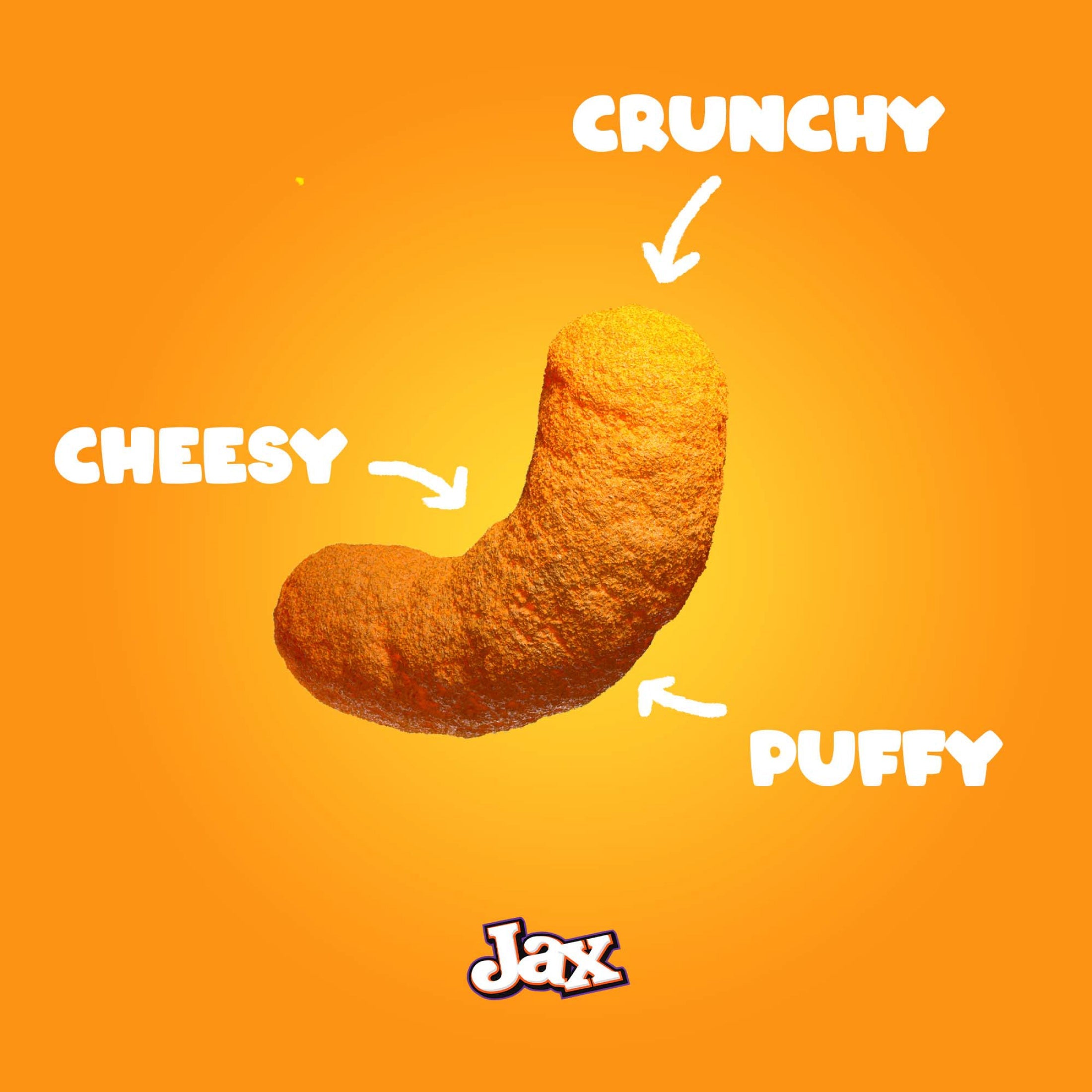 Illustration of a snack with 'Crunchy', 'Cheesy', and 'Puffy' text on an orange background, featuring the brand 'Jax'.