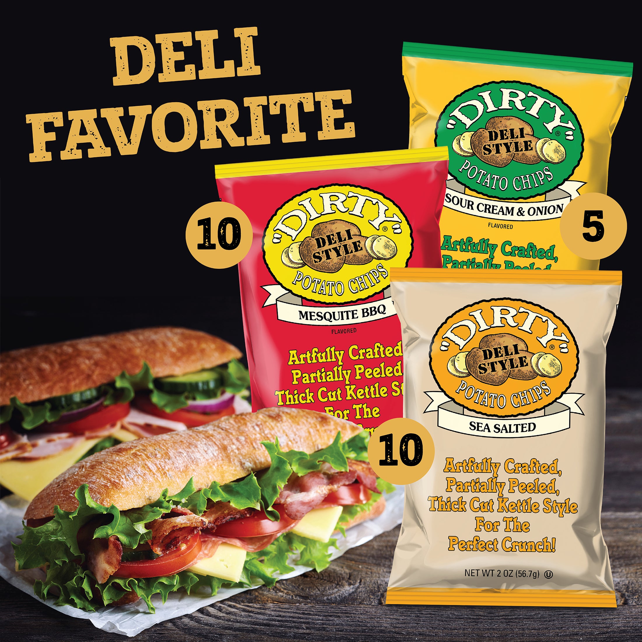 Dirty Deli Style potato chips with a sandwich on a wooden surface