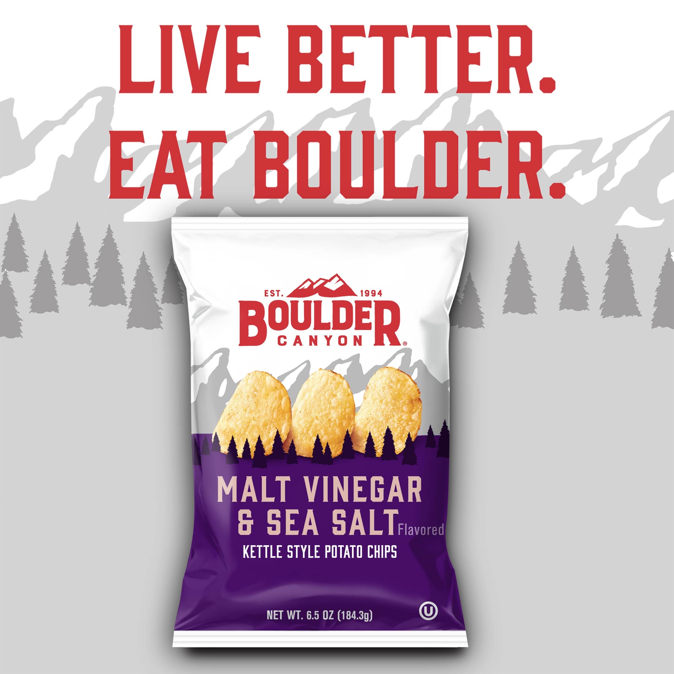Boulder Canyon potato chip bag with 'Live Better. Eat Boulder.' text on a mountain and tree background.