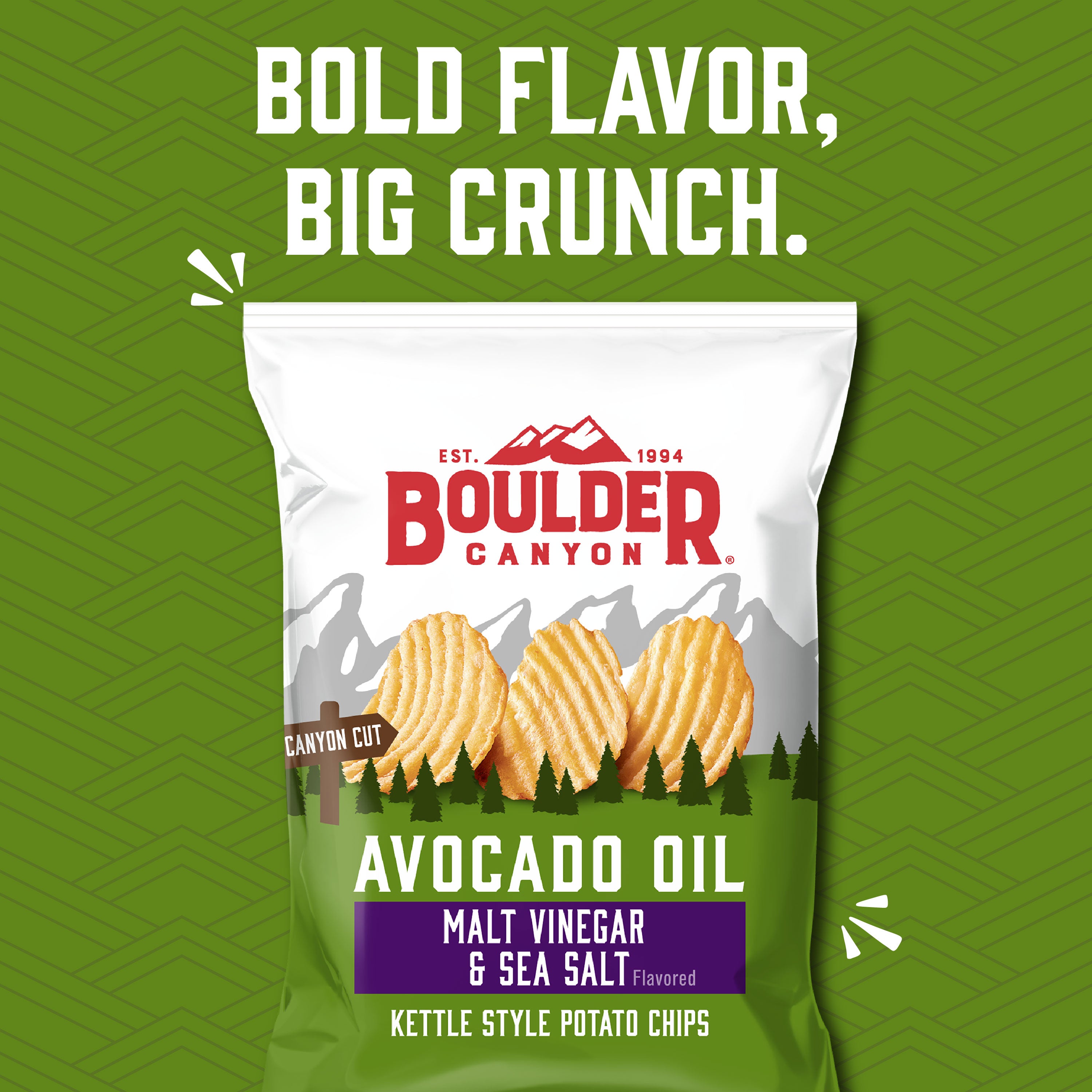 Boulder Canyon potato chip bag with text on a green background