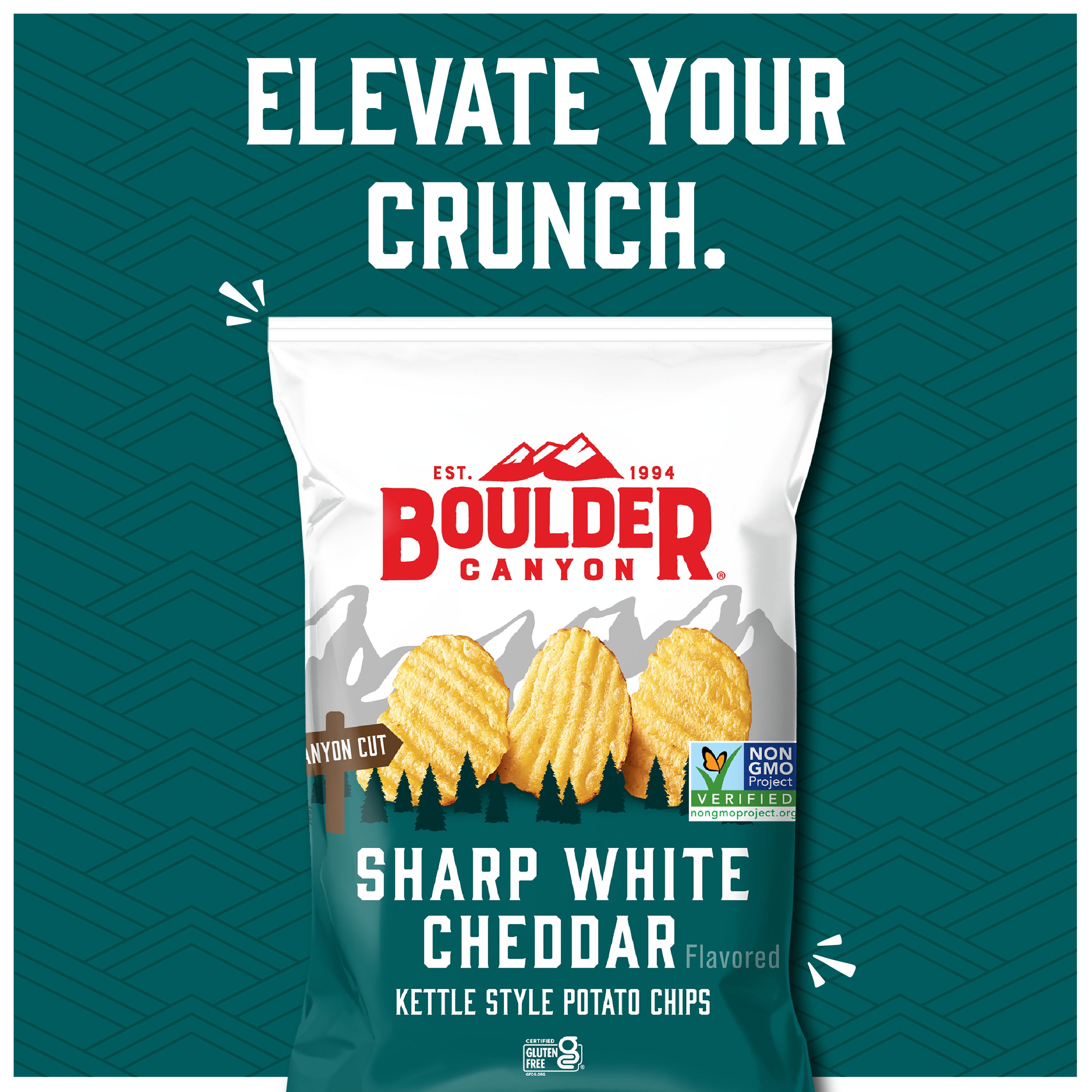 Boulder Canyon Sharp White Cheddar potato chips packaging on a teal background with text 'Elevate Your Crunch'.