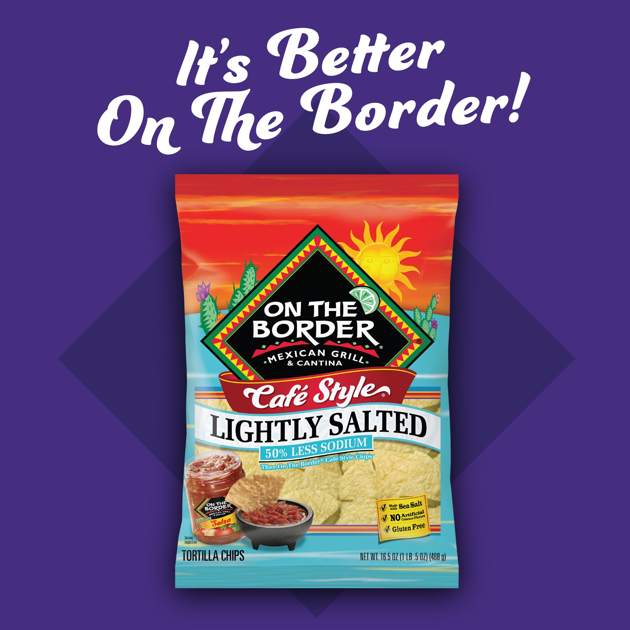On The Border tortilla chips package on a purple background with promotional text.