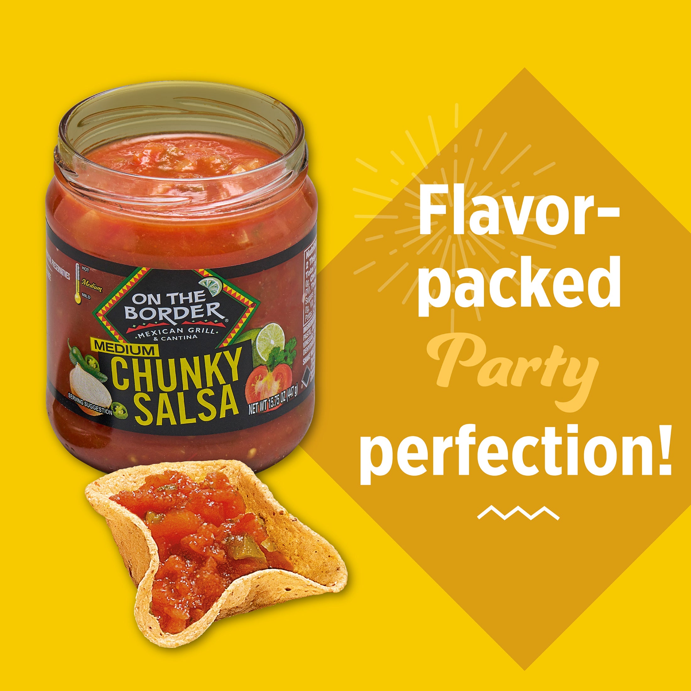 Jar of On The Border chunky salsa with tortilla chips on a yellow background
