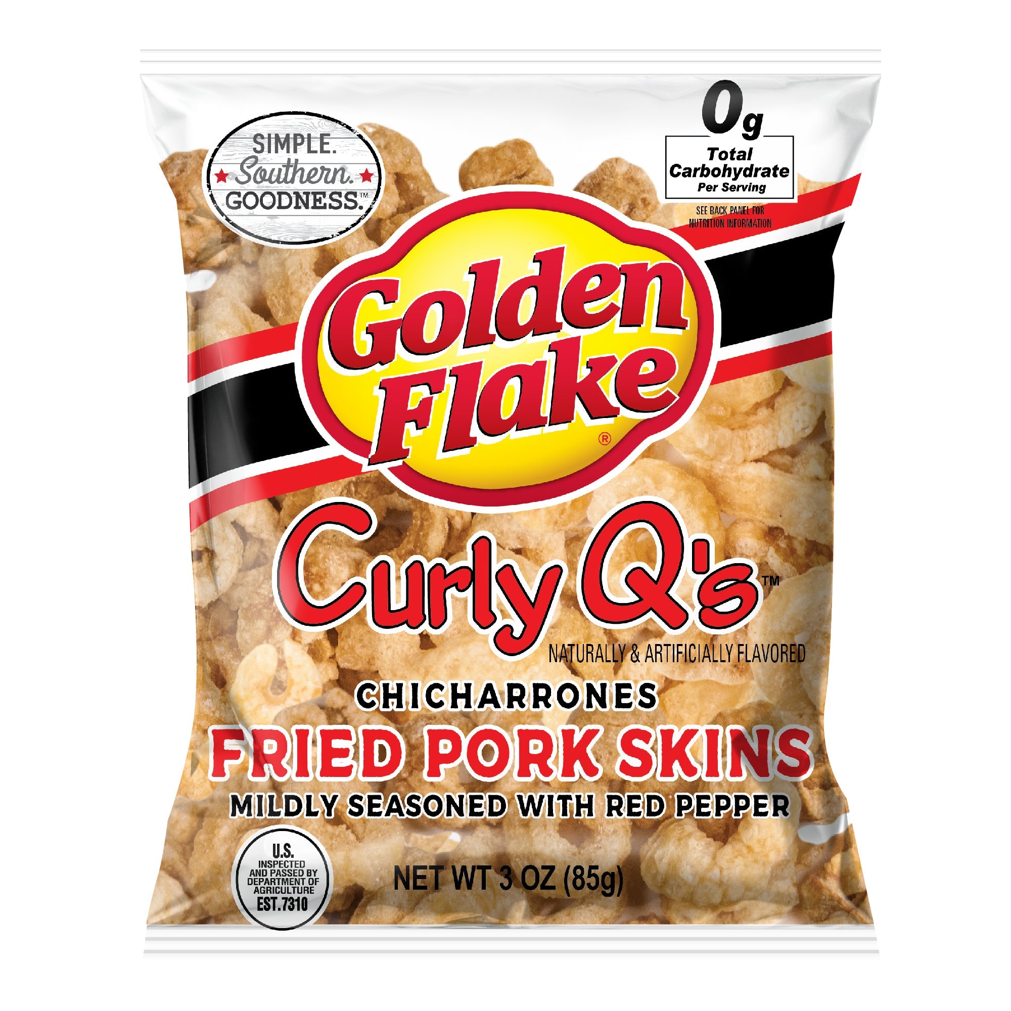 Golden Flake Pork Skins Curly Q's Mild Red Pepper 3 oz. Pork Rinds & Cracklins Golden Flake 20 count 