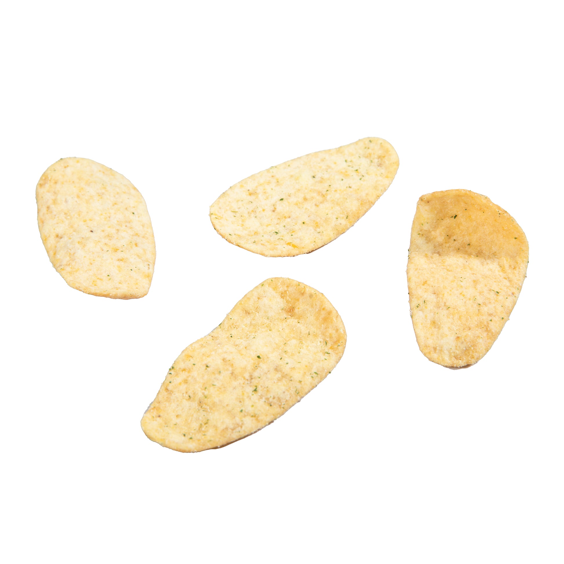 Four tortilla chips on a white background