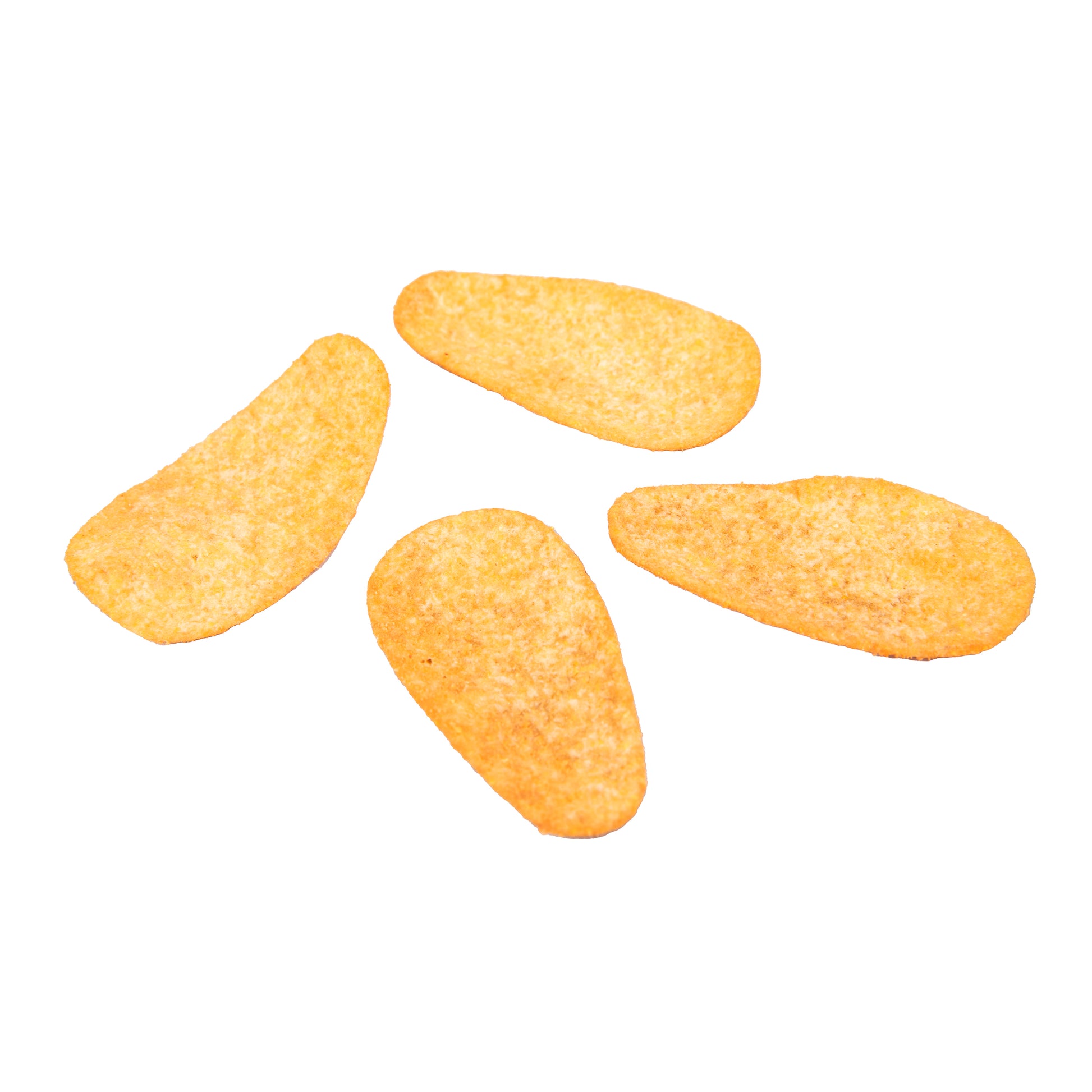 Four yellow tortilla chips on a white background