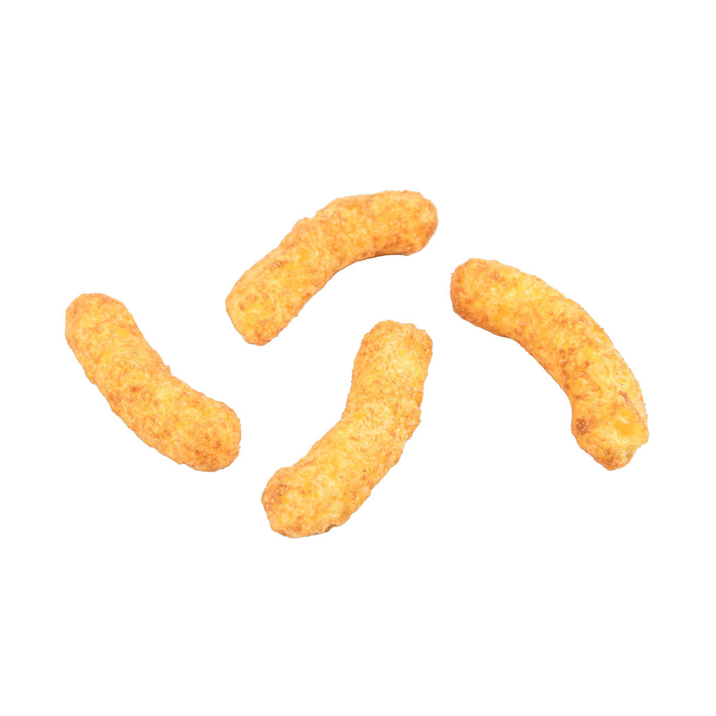 Four orange snack sticks on a white background