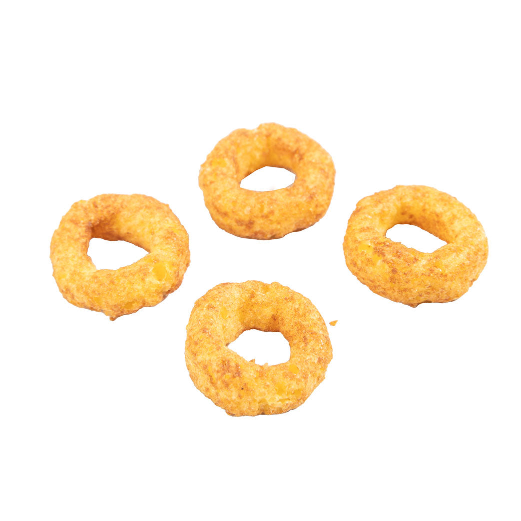 Four cheese puffs on a white background