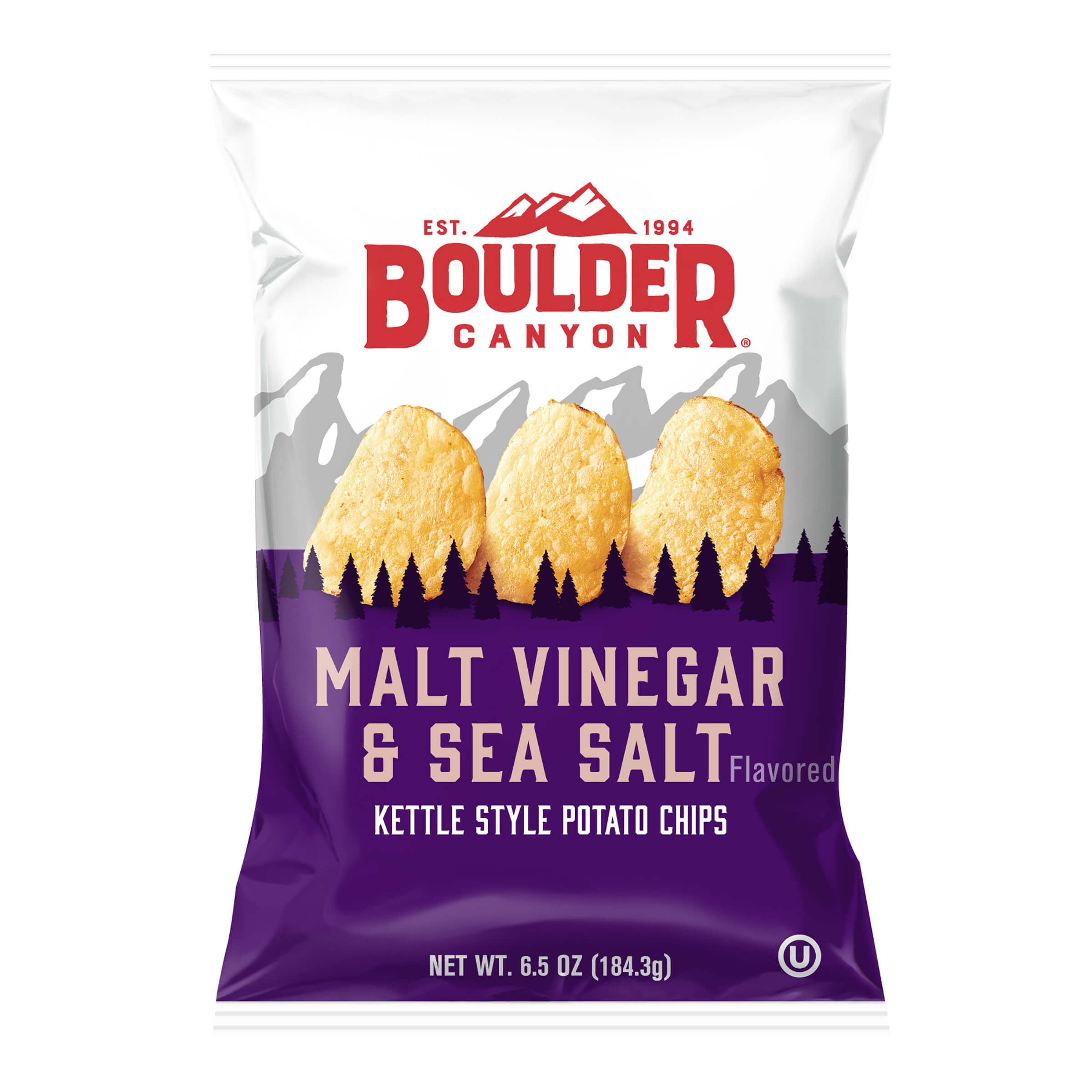 Boulder Canyon Malt Vinegar & Sea Salt kettle style potato chips packaging on a white background